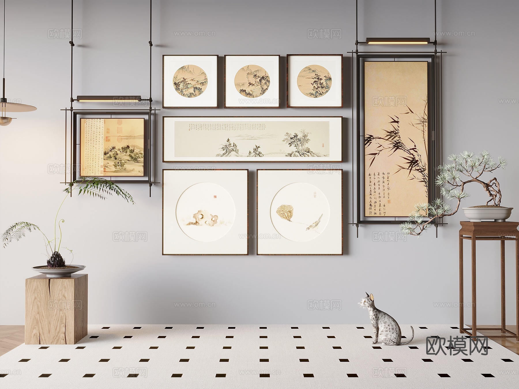 新中式禅意挂画 山水画 花鸟国画 书房挂画 办公室挂画 办公su模型