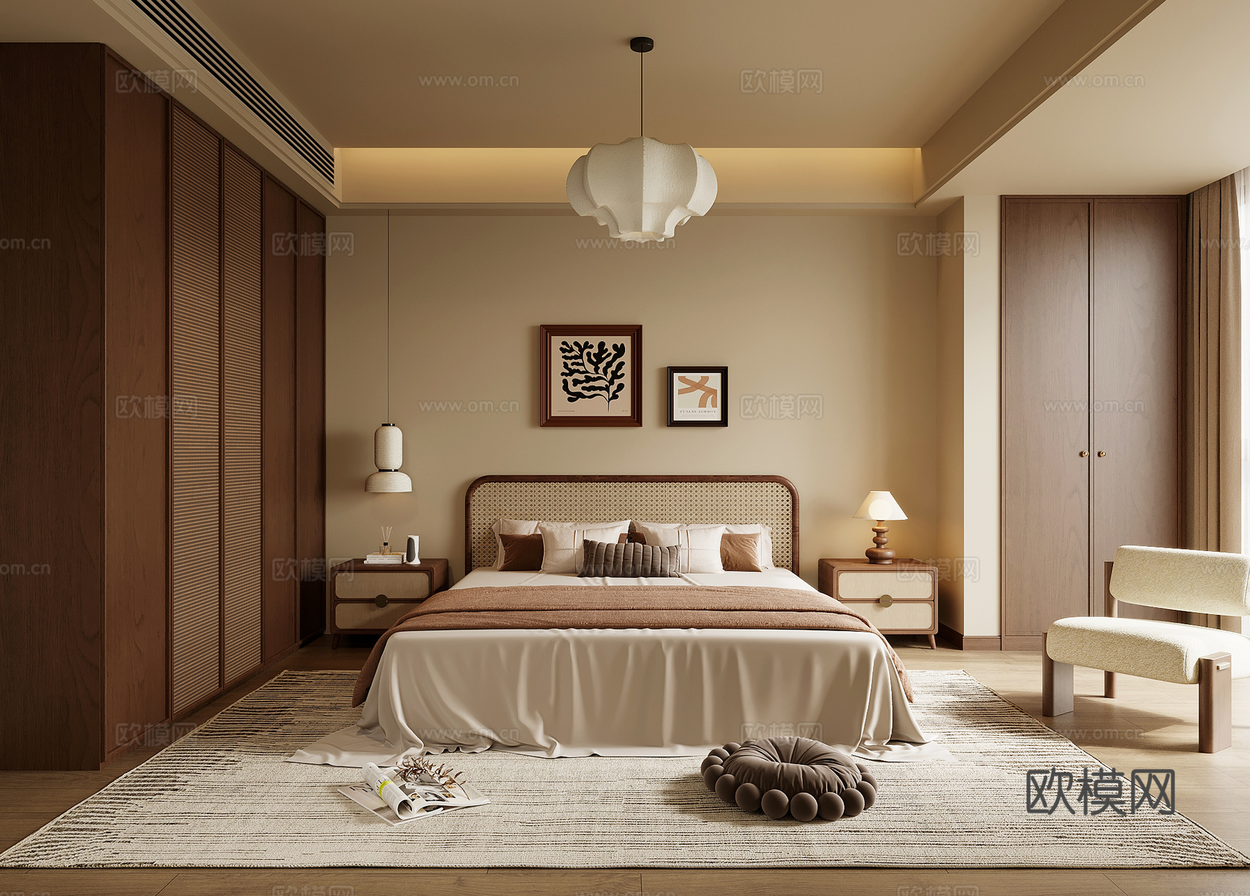 中古风家居卧室 主卧 双人床 衣柜su模型