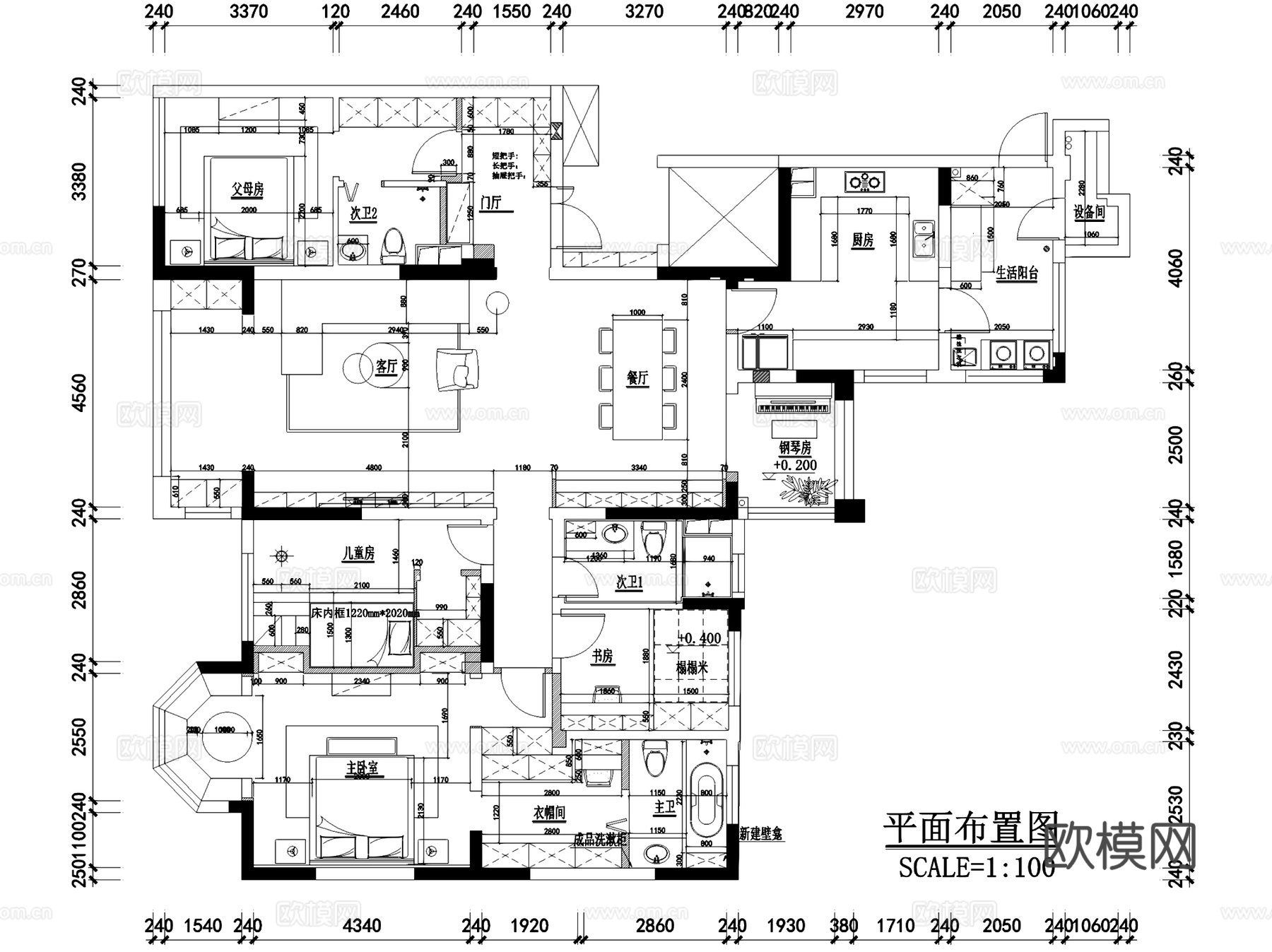 现代风格四室两厅大平层室内家装CAD施工图cad施工图