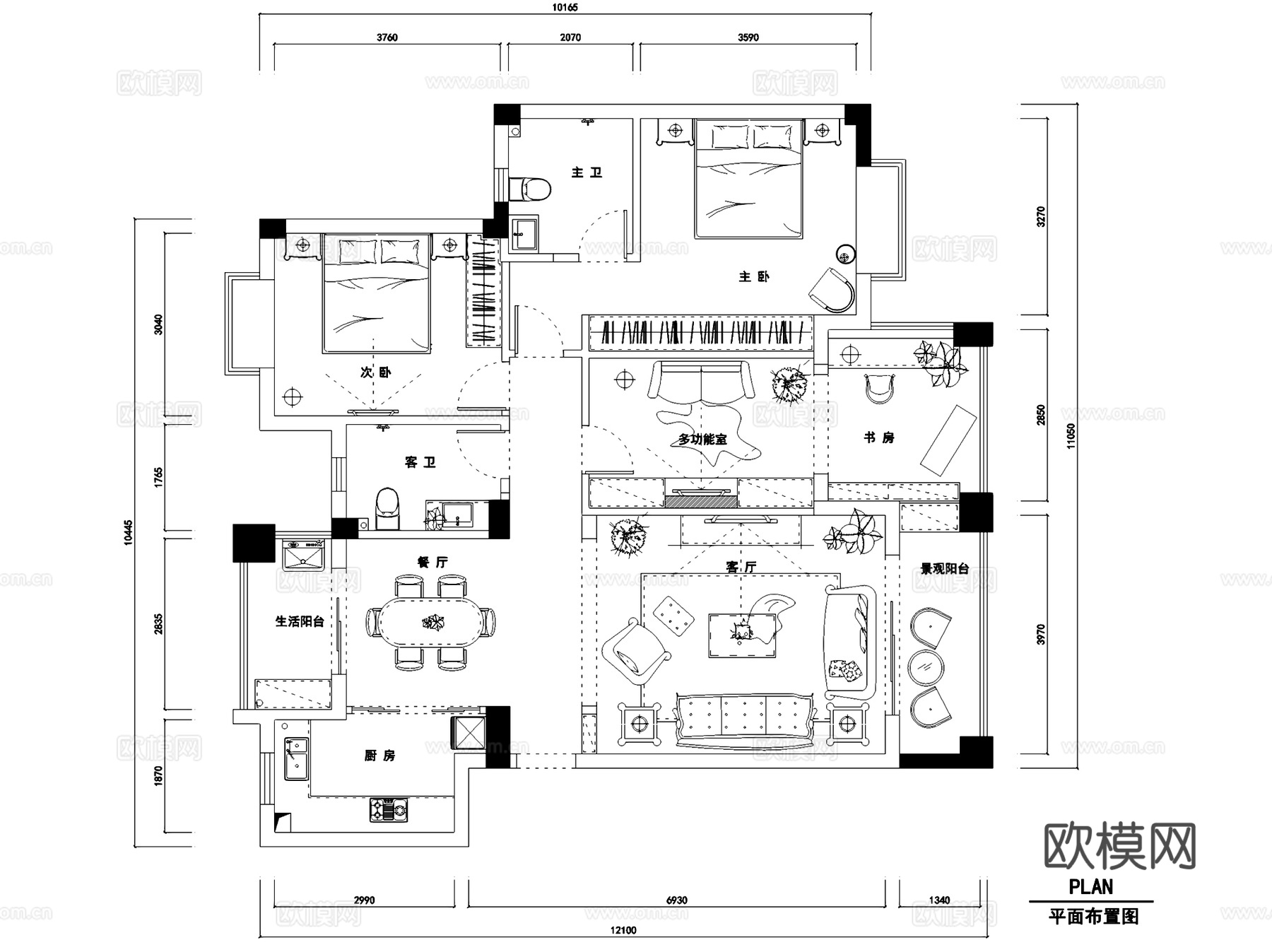 美式三室两厅两卫室内家装CAD施工图cad施工图