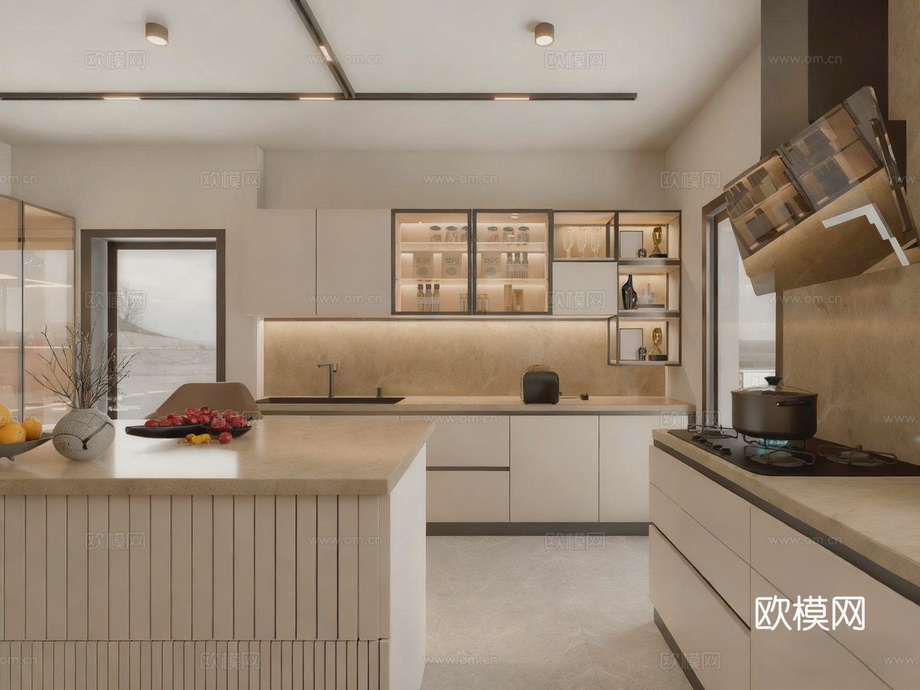 现代风格厨房 L型布局厨房 岛台一体式su模型