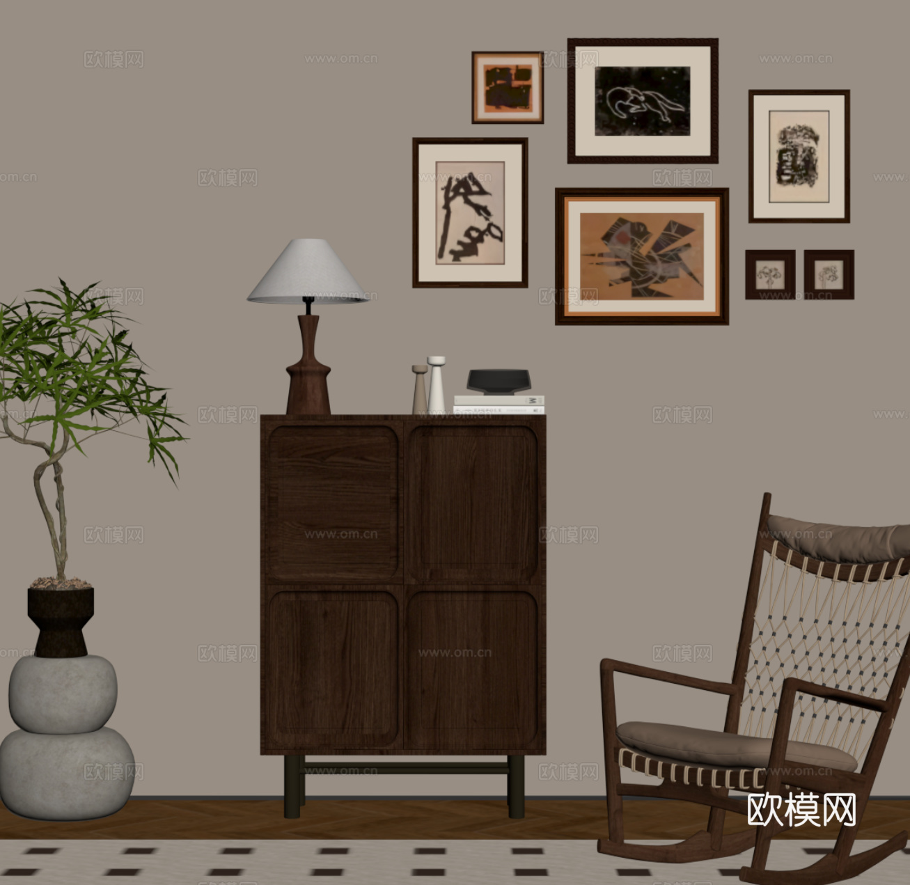 中古风玄关柜 端景柜 休闲椅su模型