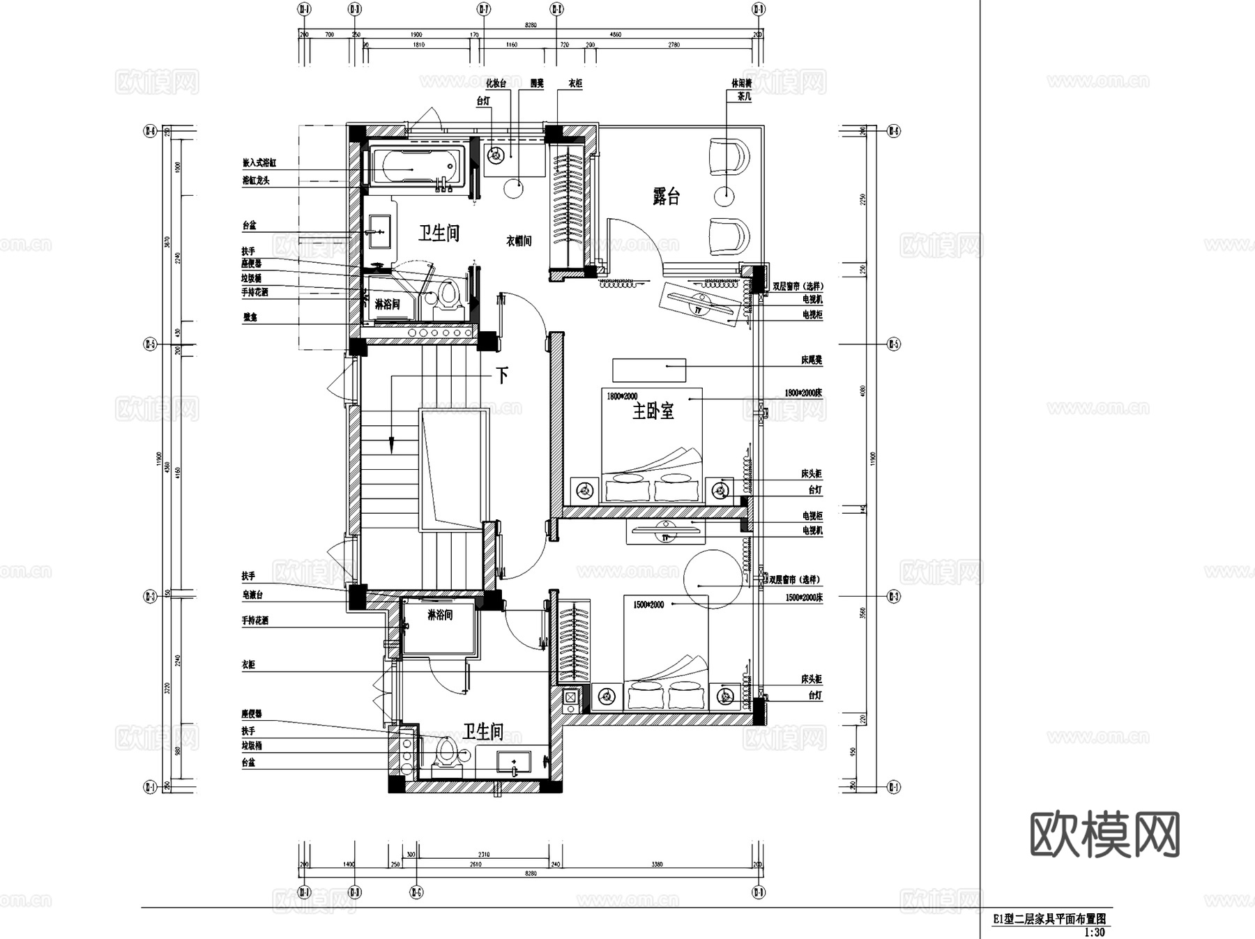 绿城桃李春风E1二层别墅样板房室内家装CAD施工图整套cad施工图