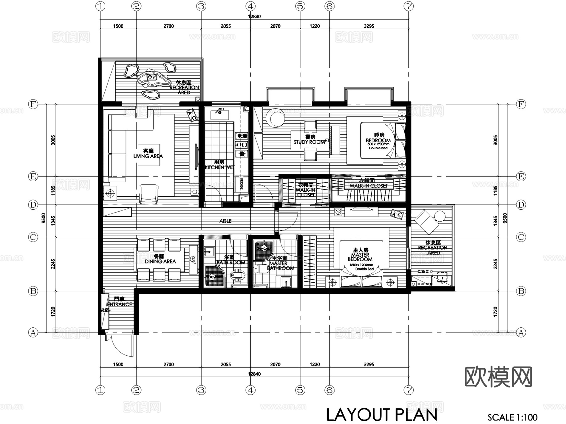 现代简约两室两厅两卫室内家装CAD施工图cad施工图