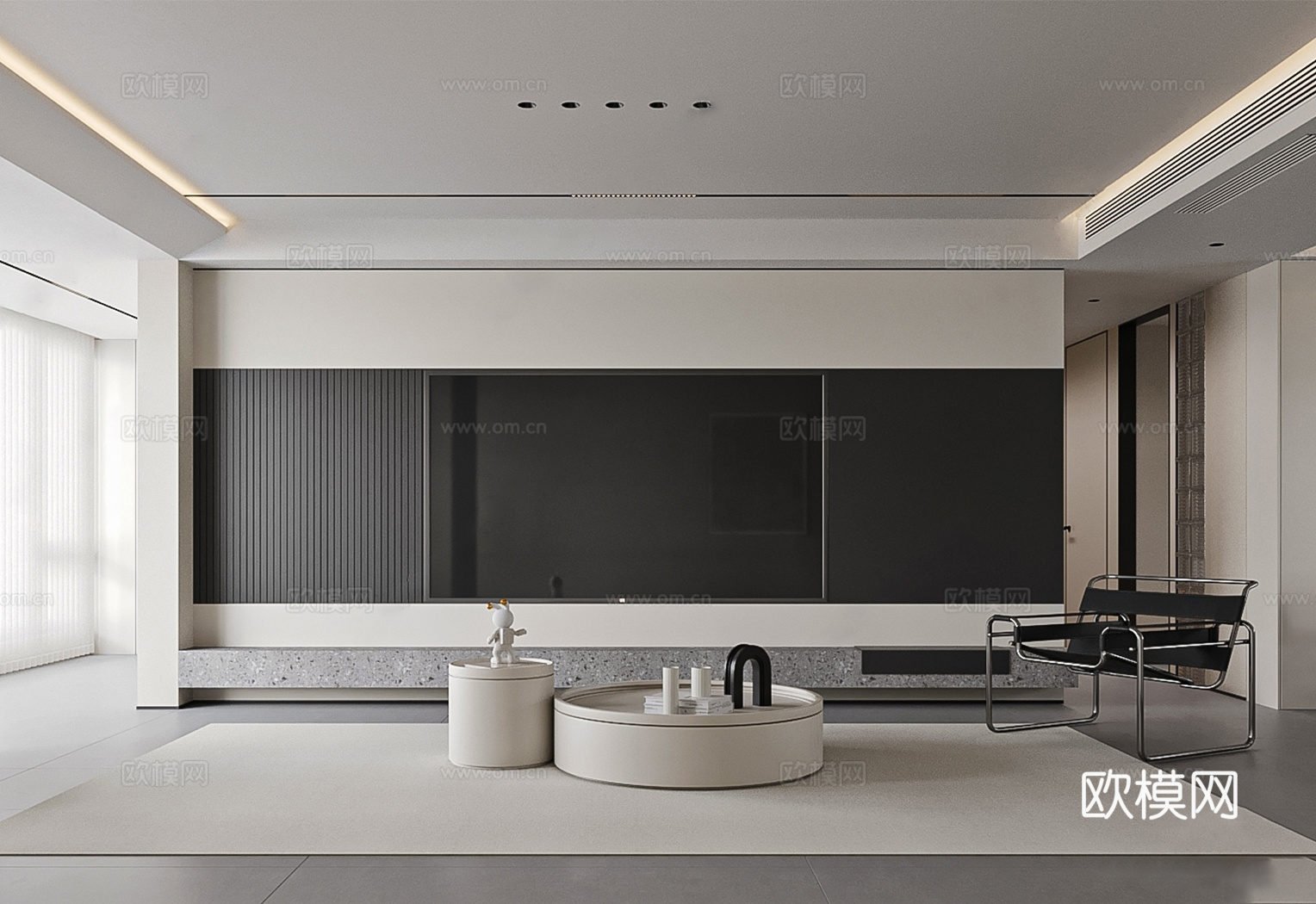 现代极简电视背景 极简悬浮电视墙 极简圆形茶几组合 灰色哑光su模型