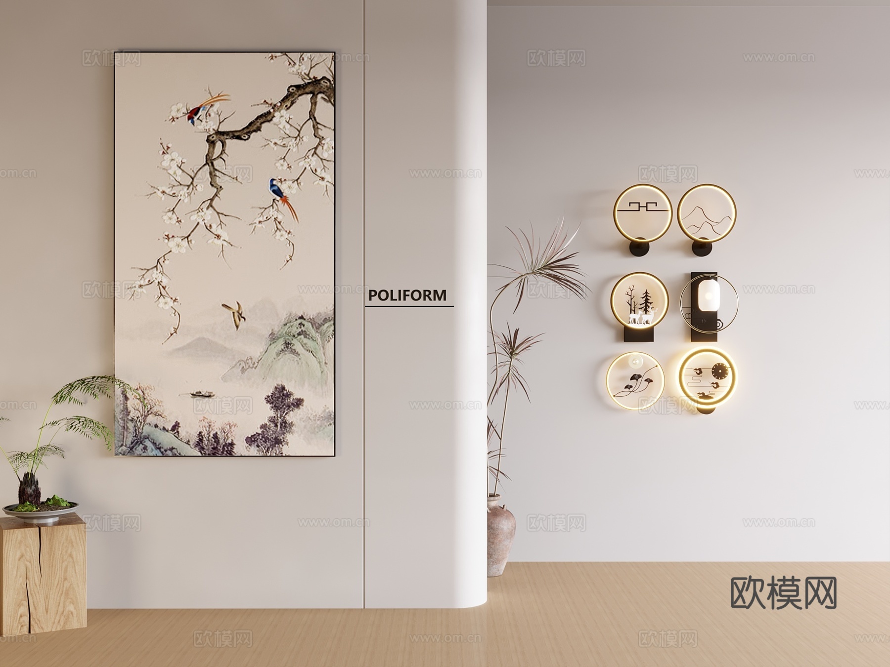 新中式禅意挂画 山水画 花鸟国画 书房挂画 办公室挂画 办公su模型