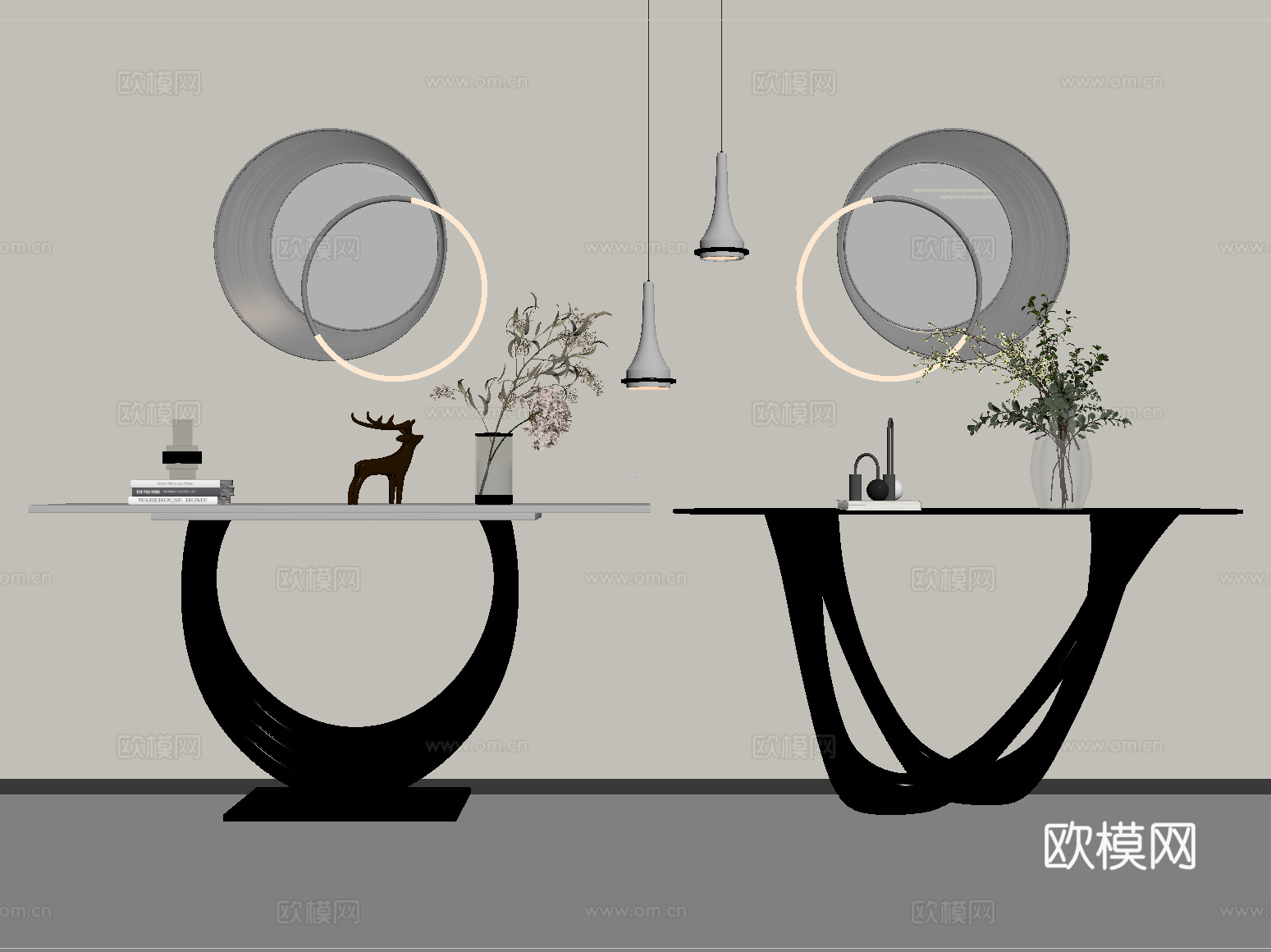 现代端景台 玄关端景台 吊灯 摆件su模型