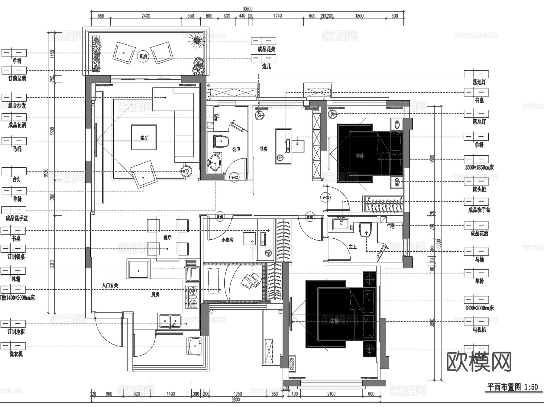 华日城市理想A2户型四室两厅室内家装CAD施工图整套cad施工图