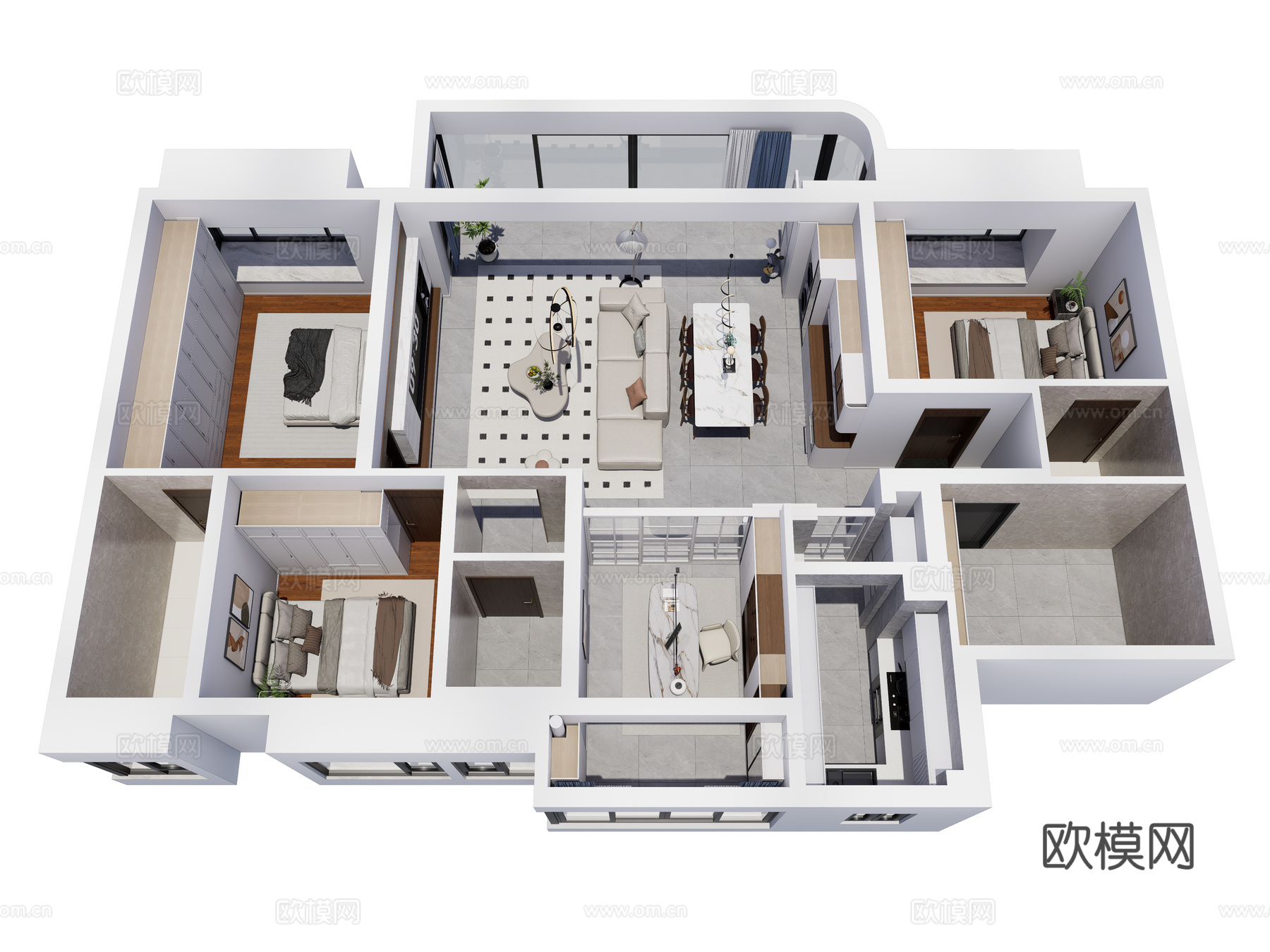 现代简约家装鸟瞰 简约室内家装空间 鸟瞰图 现代家装样板房3d模型下载（渲染图2）