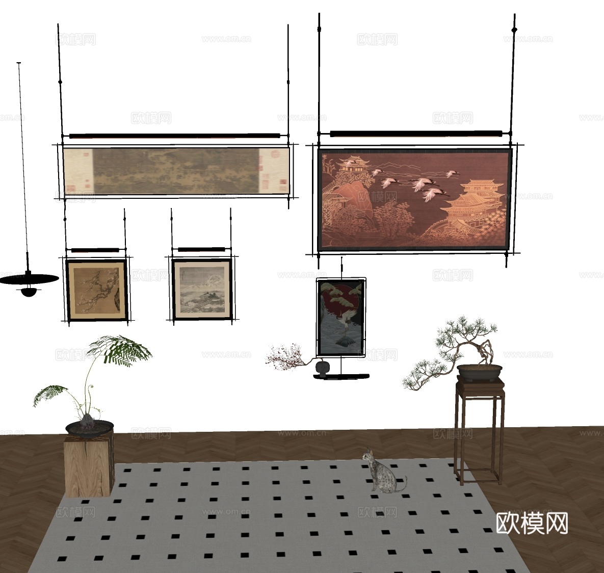 新中式禅意挂画 山水画 花鸟国画 书房挂画 办公室挂画 办公su模型