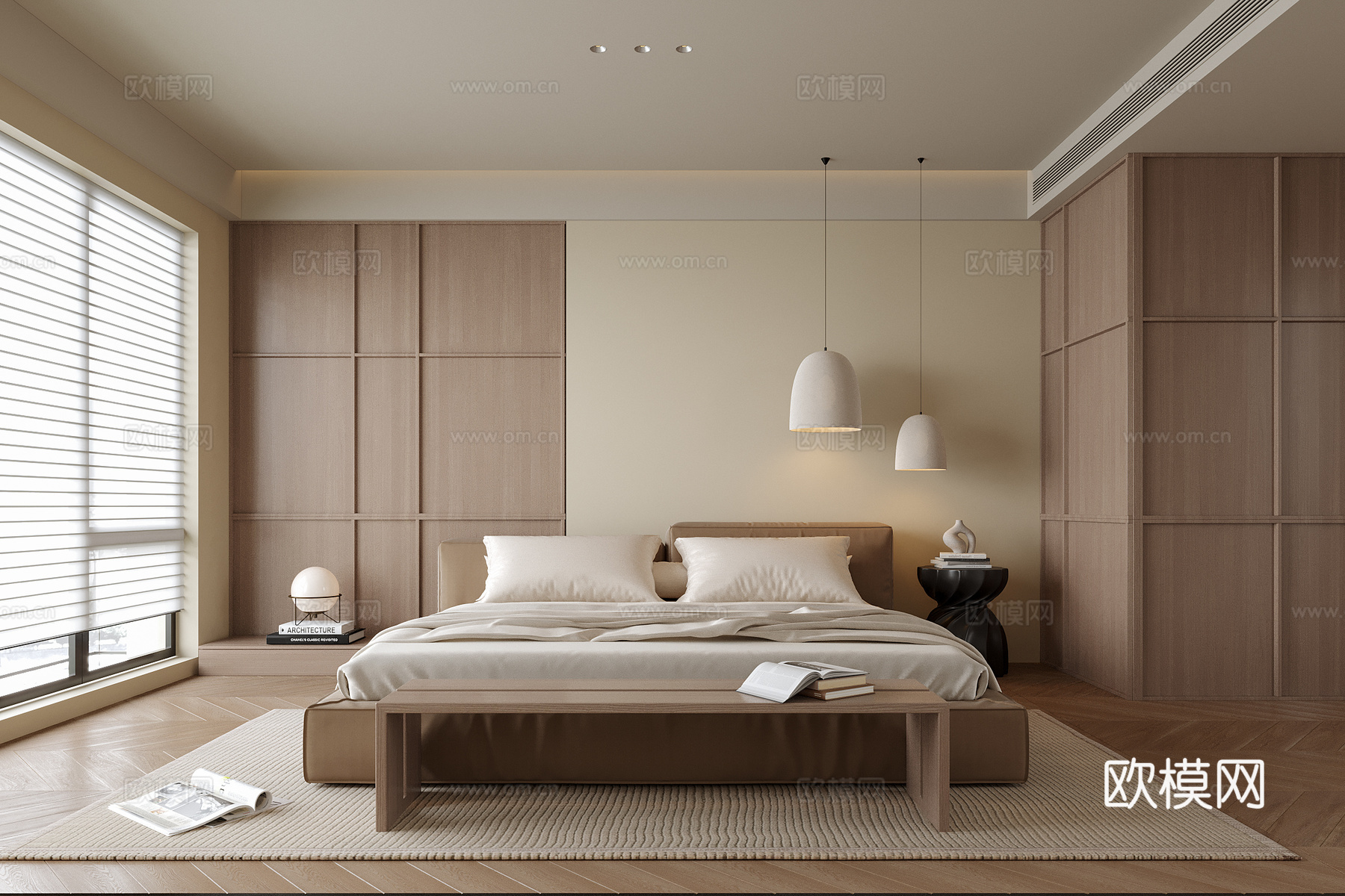 现代卧室 双人床 床尾凳su模型