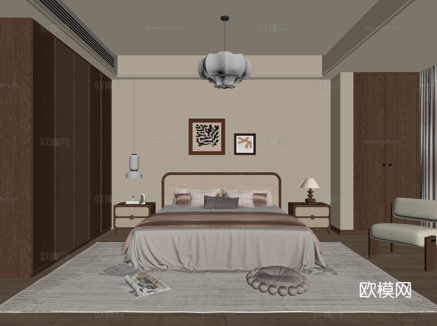 中古风家居卧室 主卧 双人床 衣柜su模型