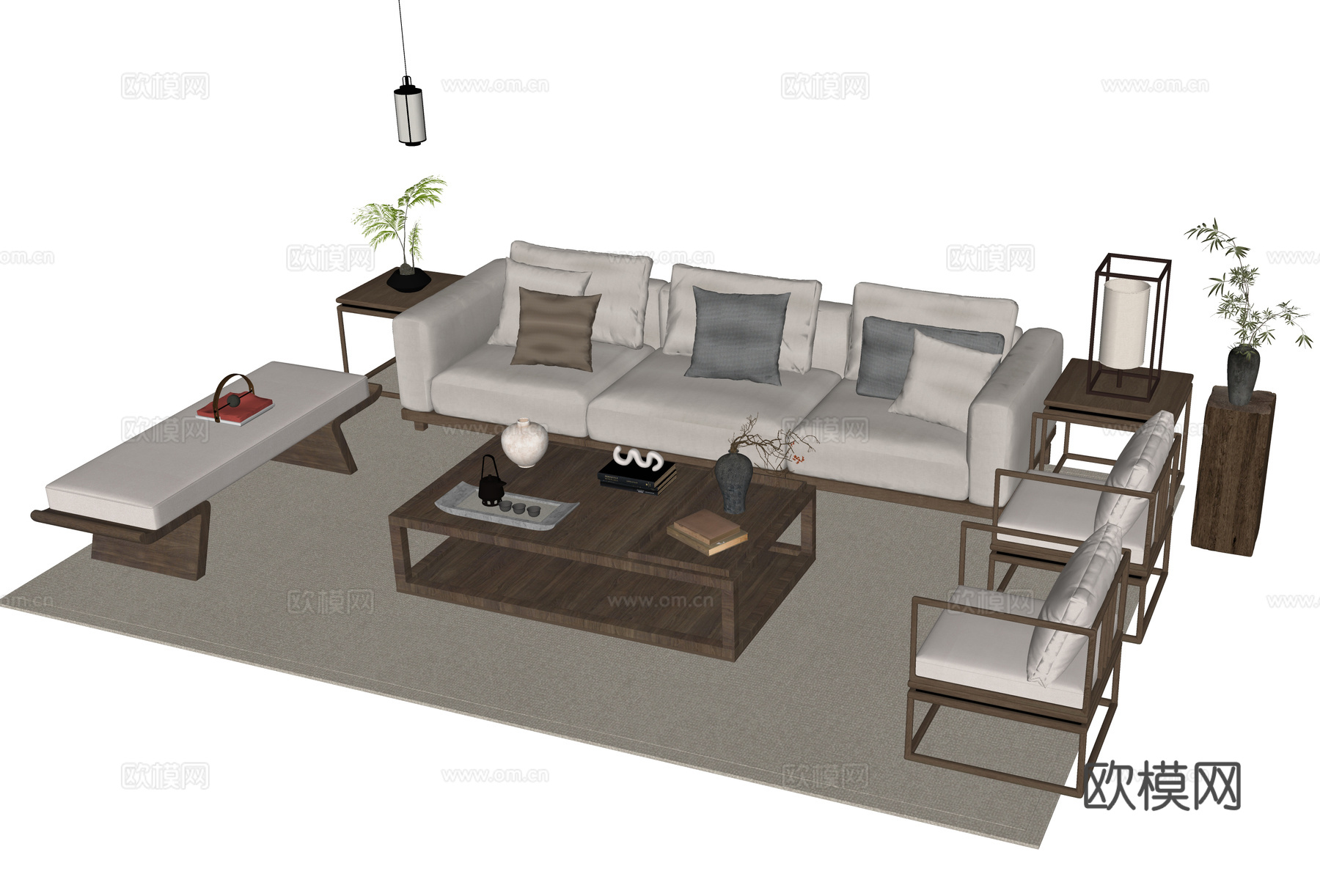 新中式沙发茶几组合su模型