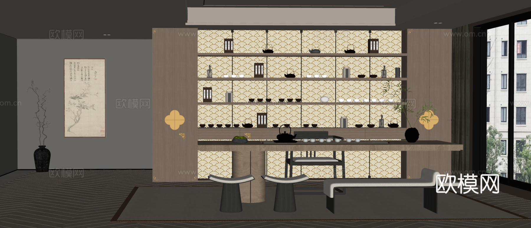 宋式茶室 宋式茶柜 餐桌椅 装饰画su模型