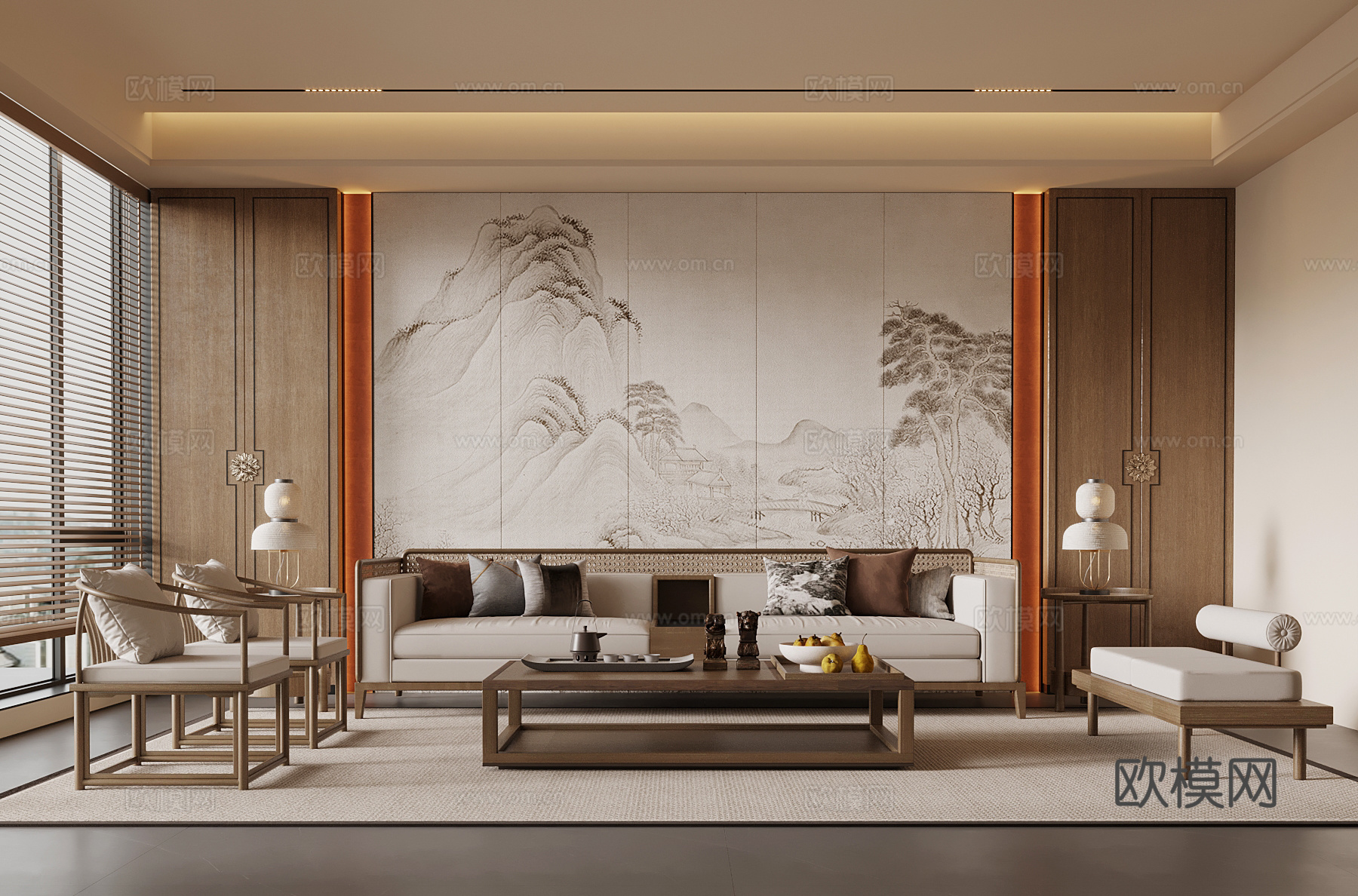 新中式客厅 沙发背景墙 沙发茶几组合su模型