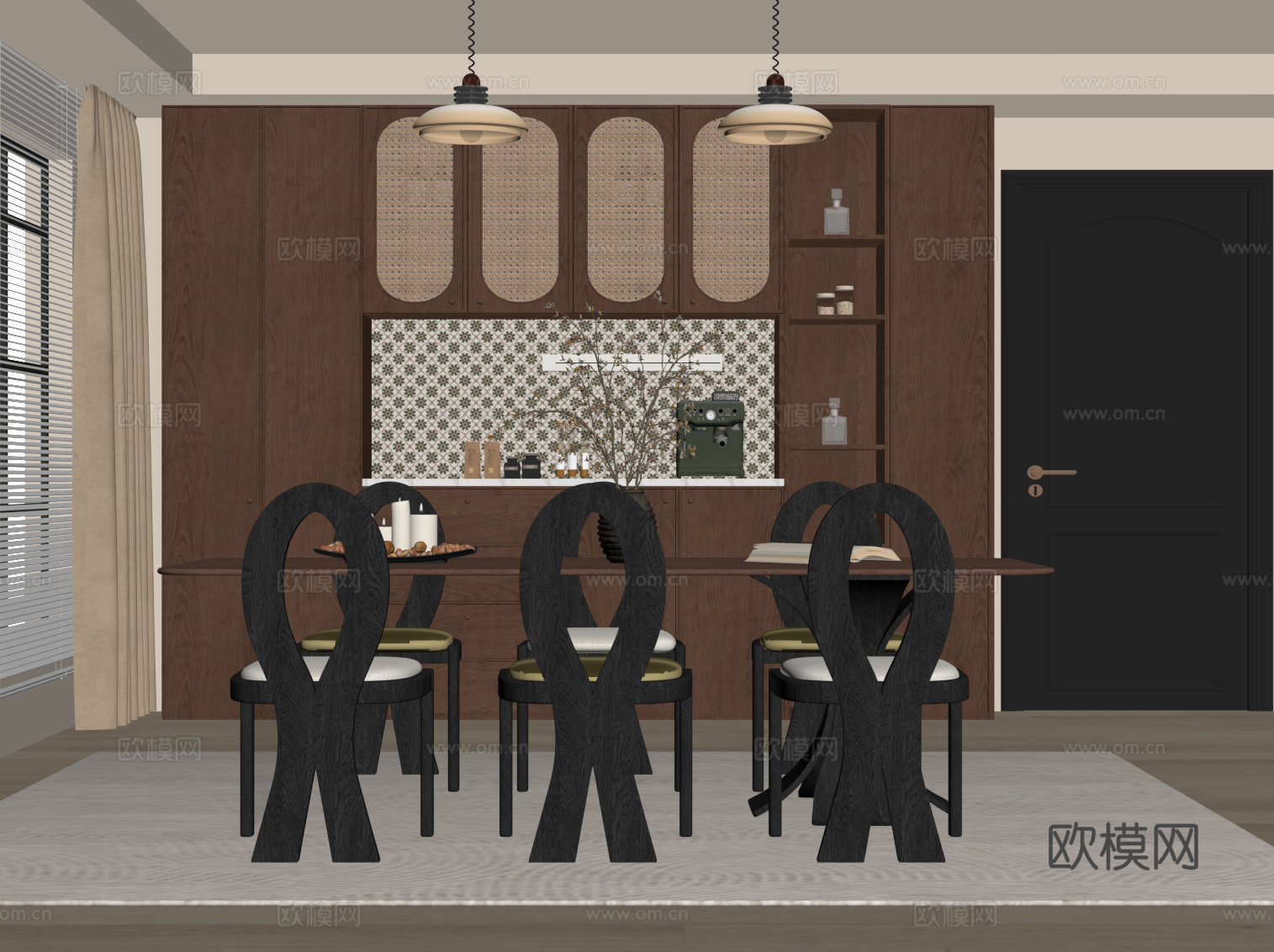 中古风书房 书柜 书桌椅su模型