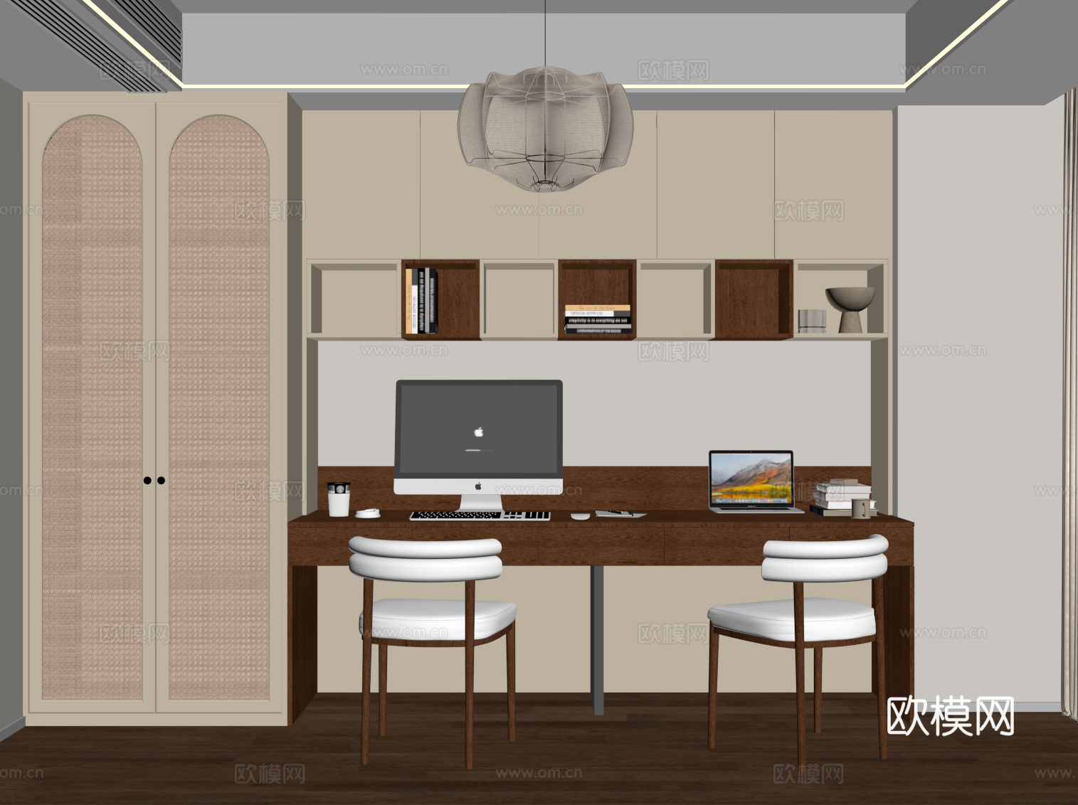 中古风书房 书柜 书桌椅su模型