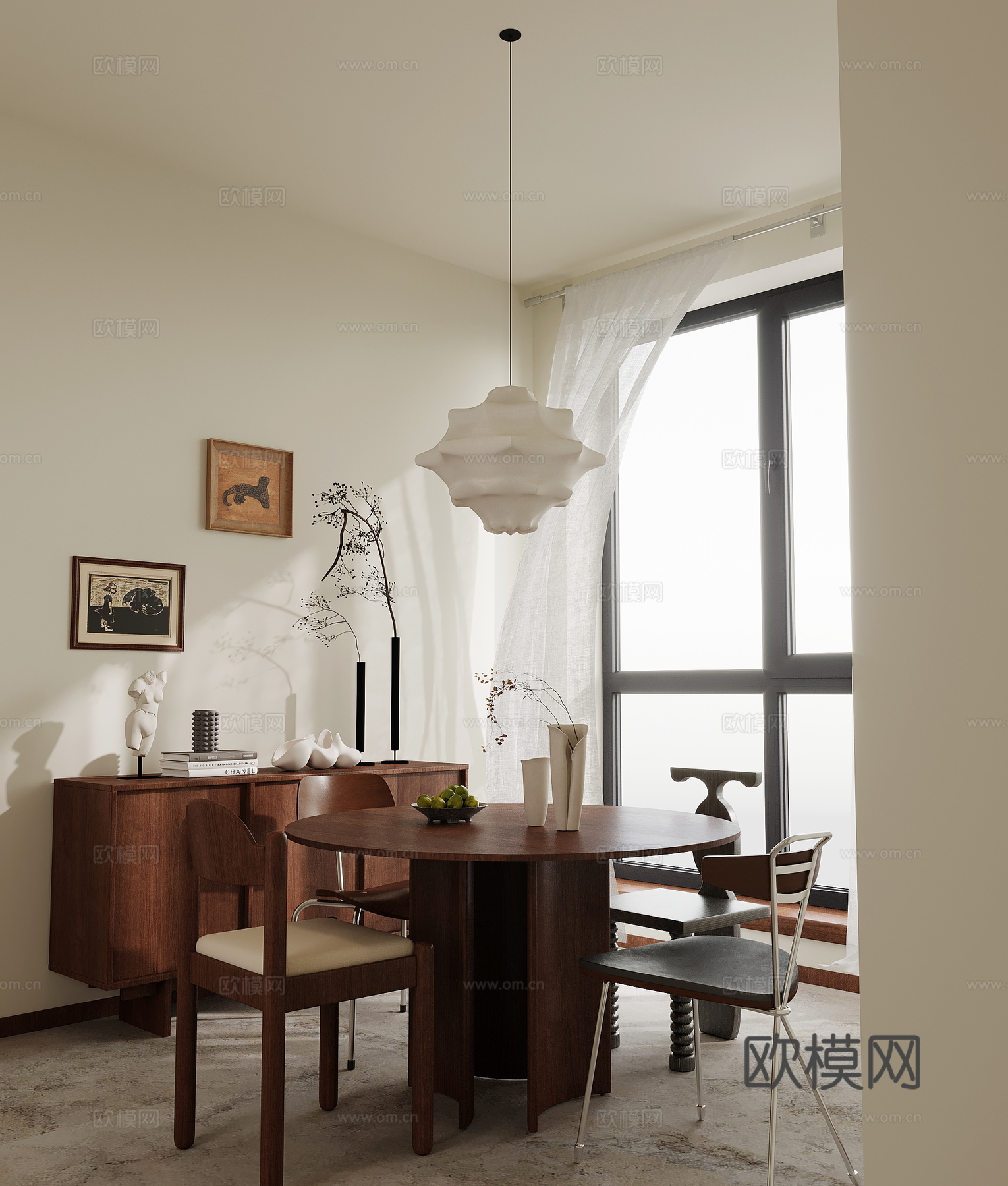 中古风餐厅 餐桌椅 餐边柜su模型