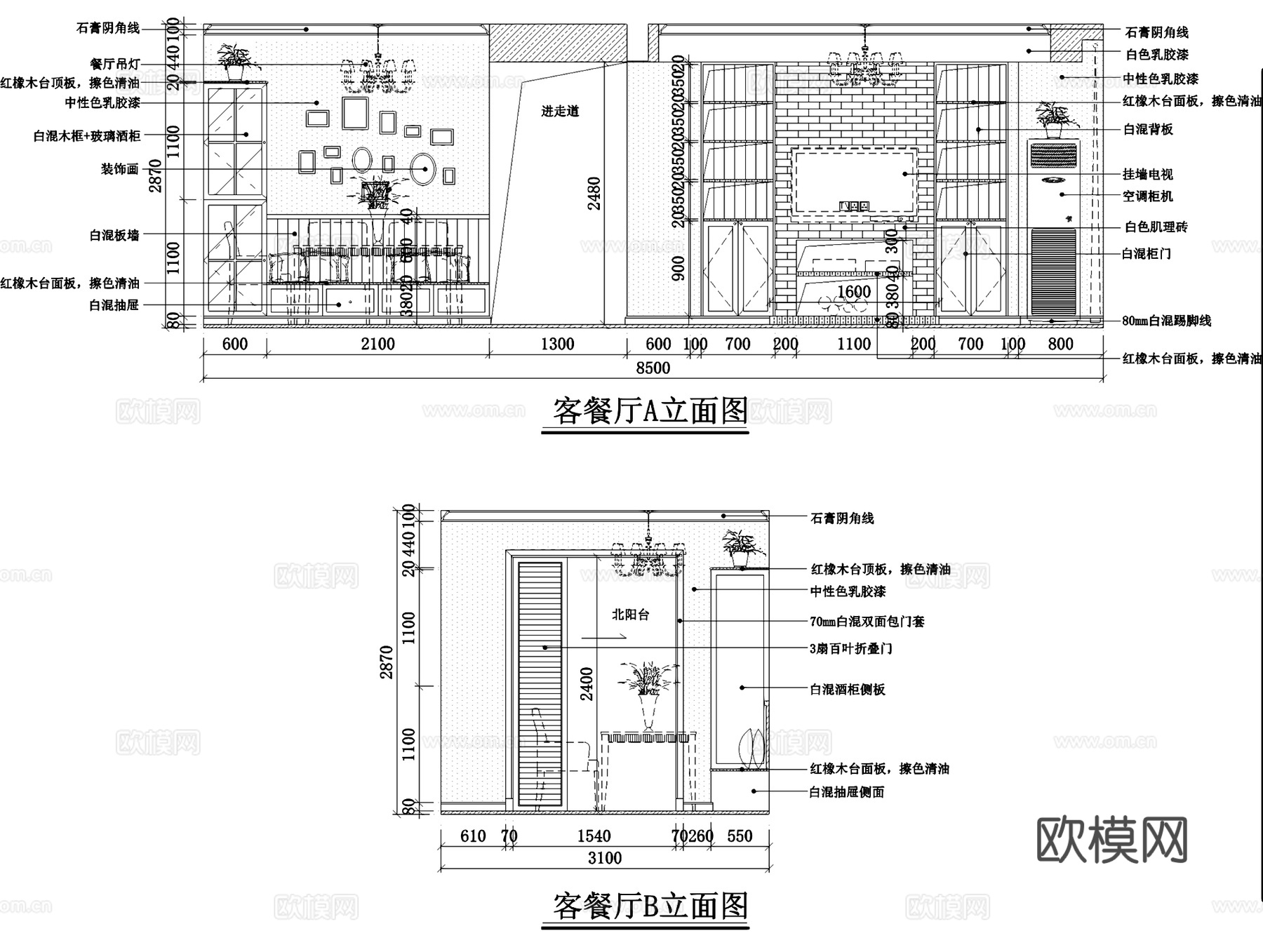 美式简约三室两厅两卫一厨私宅室内家装CAD施工图cad施工图
