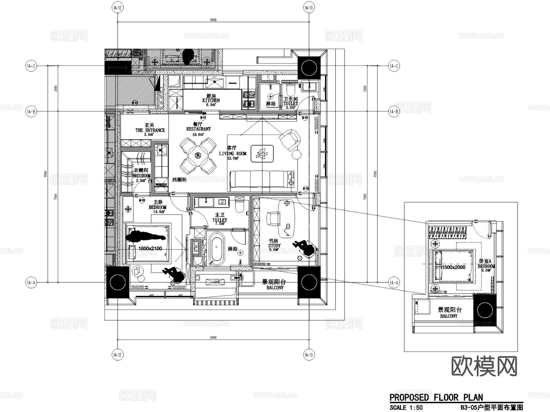 深圳华侨城创想大厦公寓B3-05户型样板间室内家装CADcad施工图