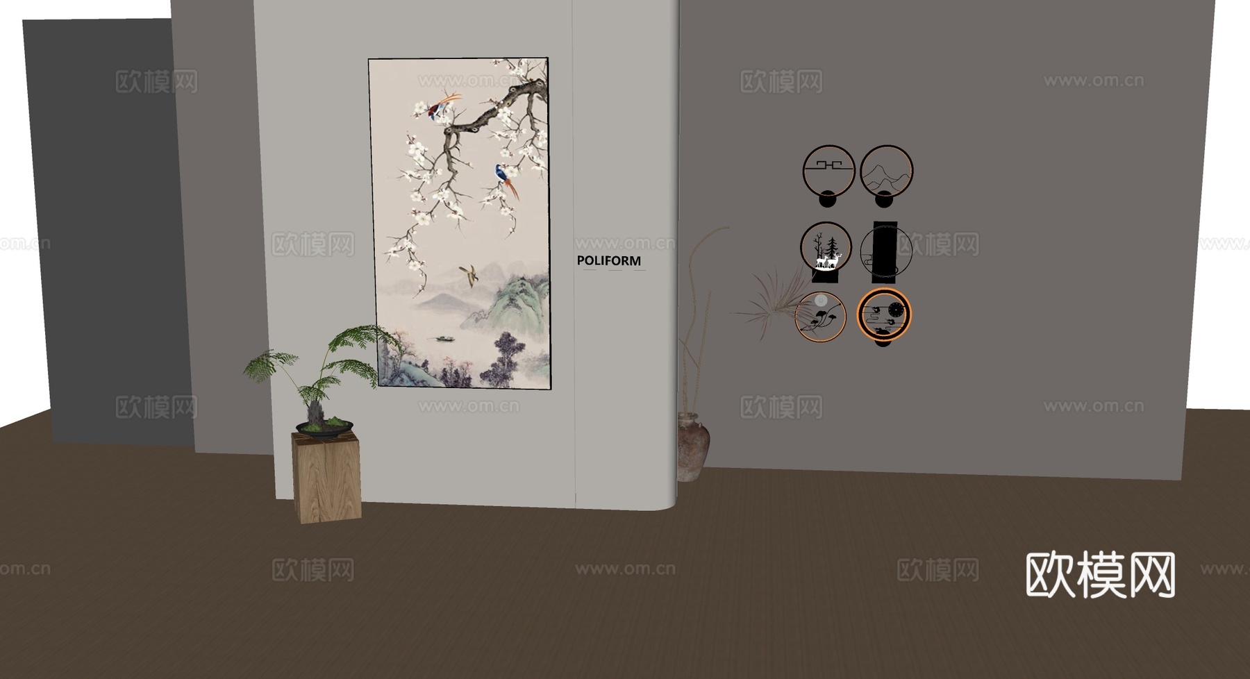 新中式禅意挂画 山水画 花鸟国画 书房挂画 办公室挂画 办公su模型