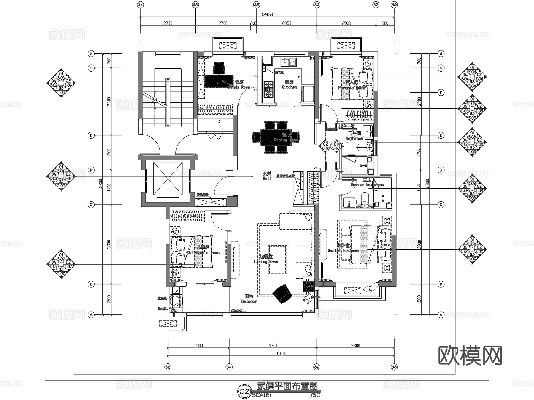 济南银盛泰·瑞公馆142户型四室两厅两卫室内家装CAD施工图cad施工图