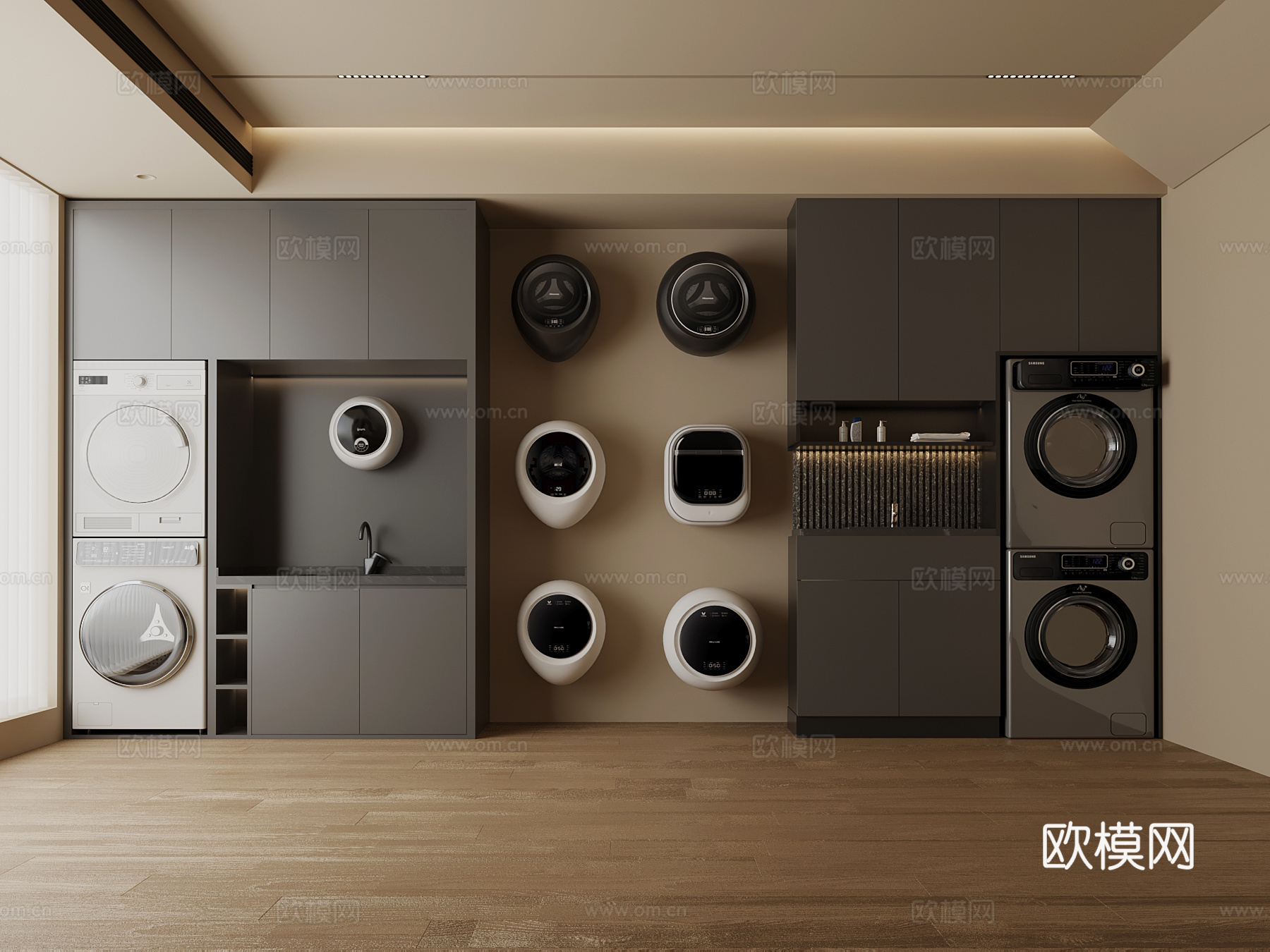 现代洗衣房 洗衣机柜 壁挂式洗衣机su模型