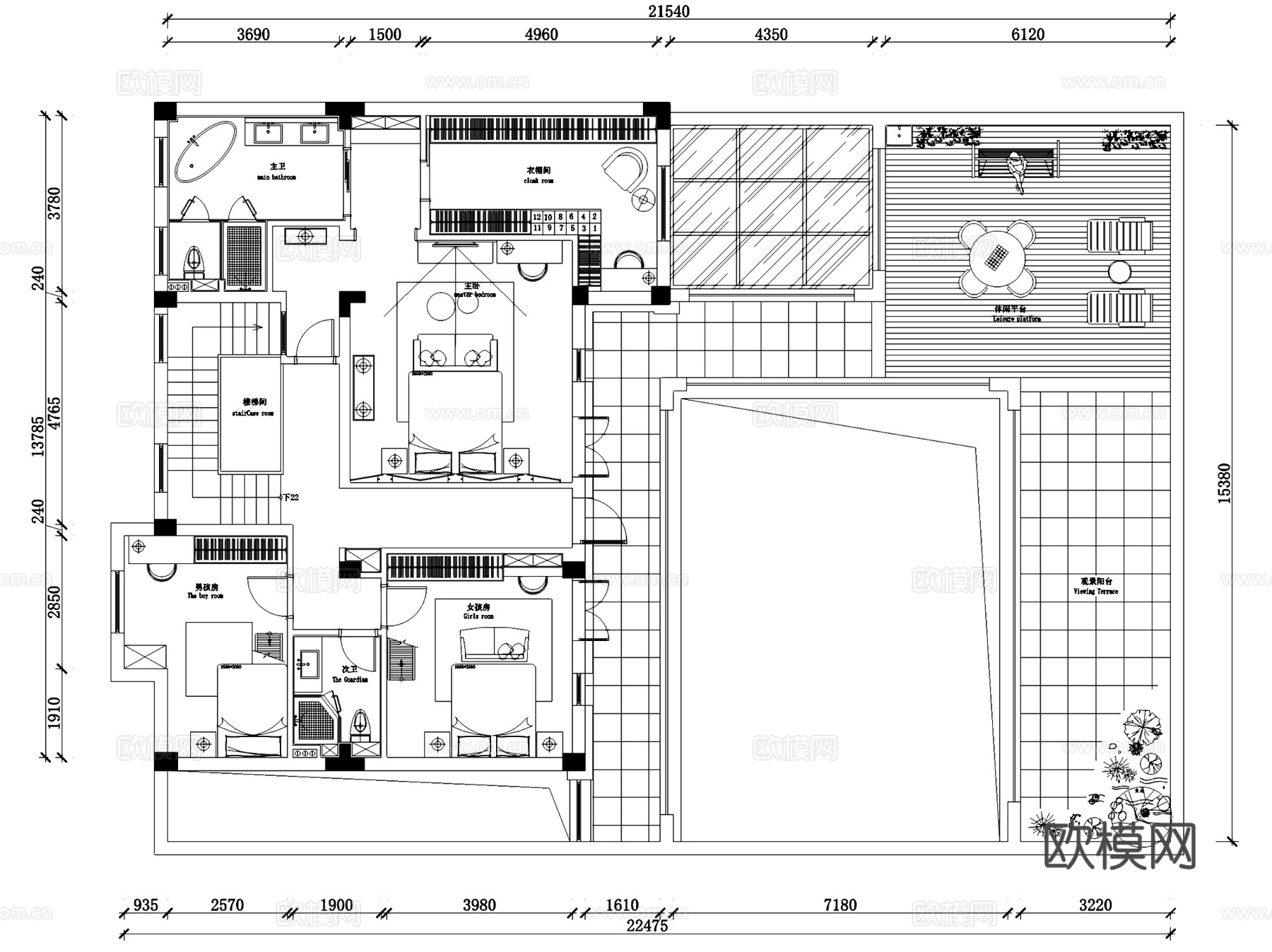伍重院锦崇府6-7二层别墅室内家装CAD施工图3Dmax模型cad施工图