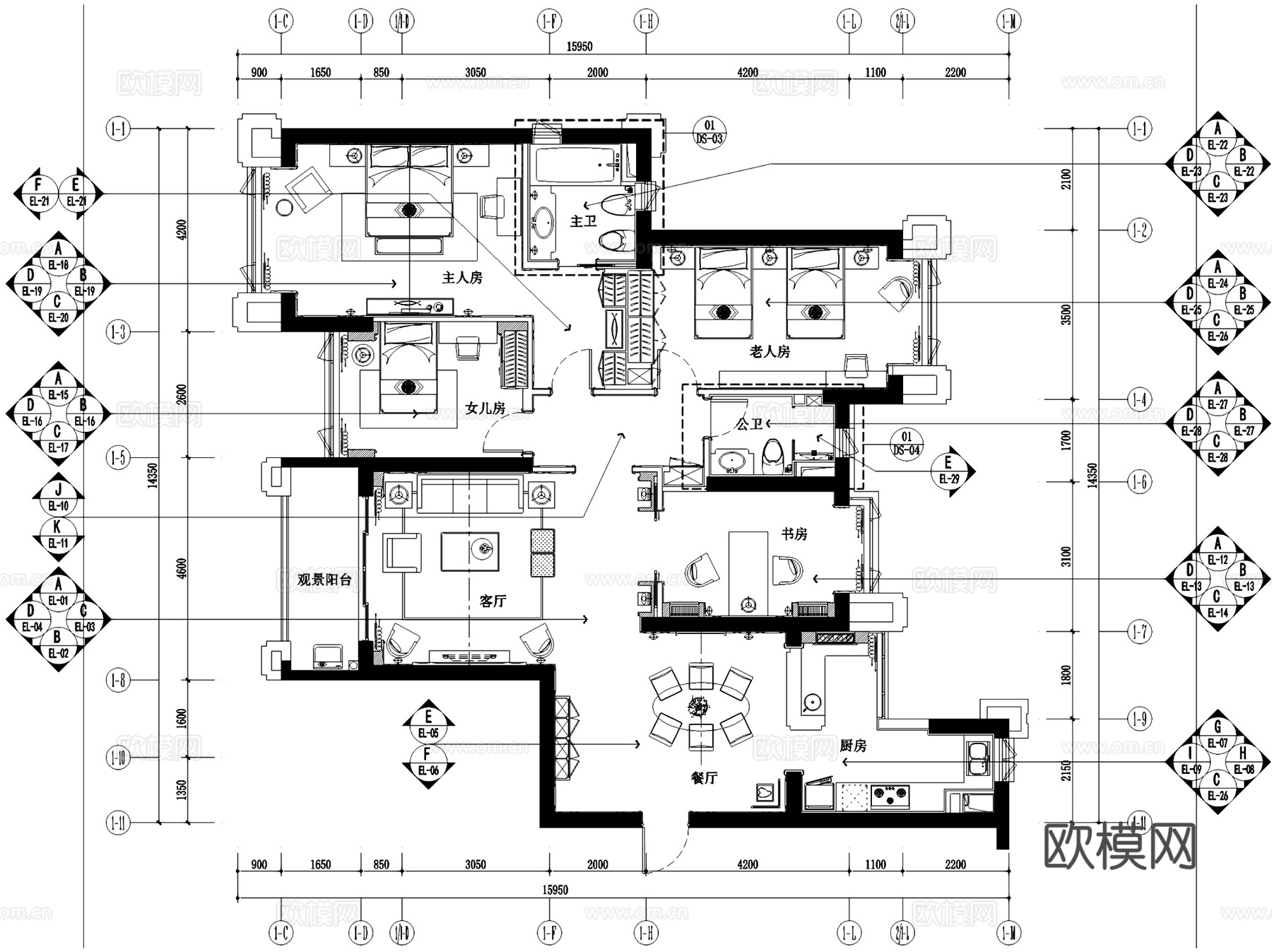 昆明海伦国际9#1座301户型样板房室内家装CAD施工图整套cad施工图