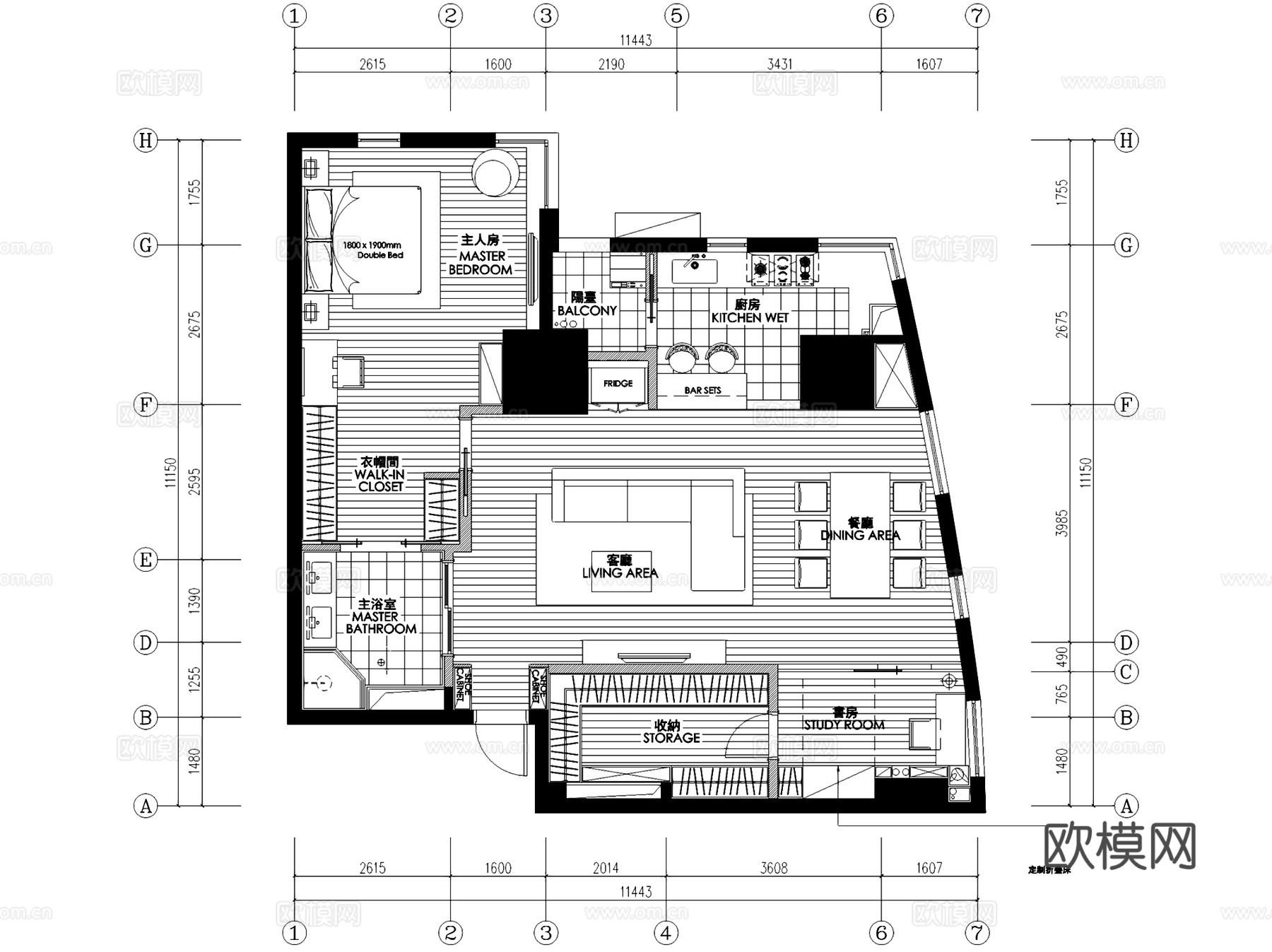 现代简约两室两厅两卫室内家装CAD施工图cad施工图