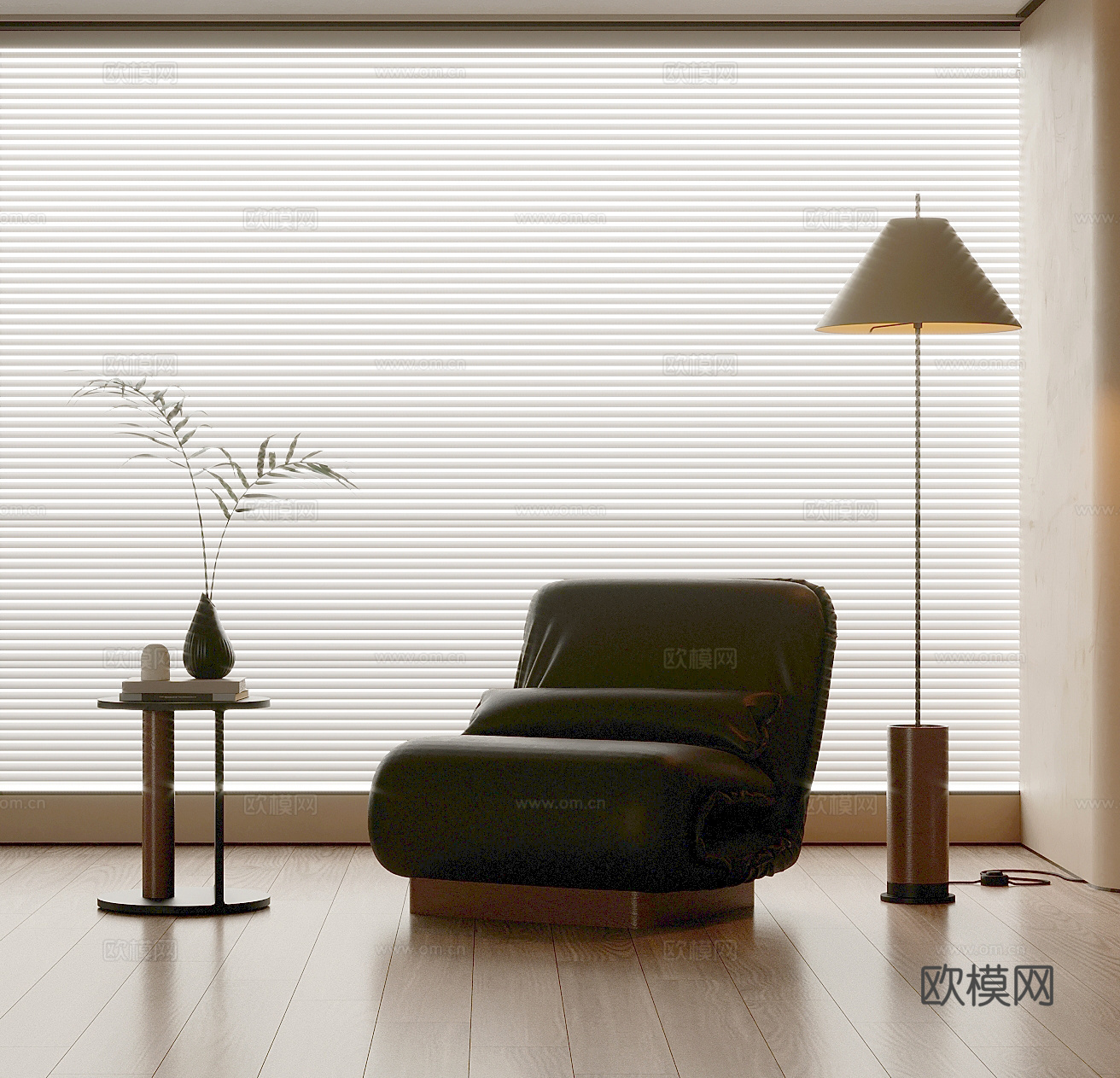 现代休闲椅 边几 落地灯su模型