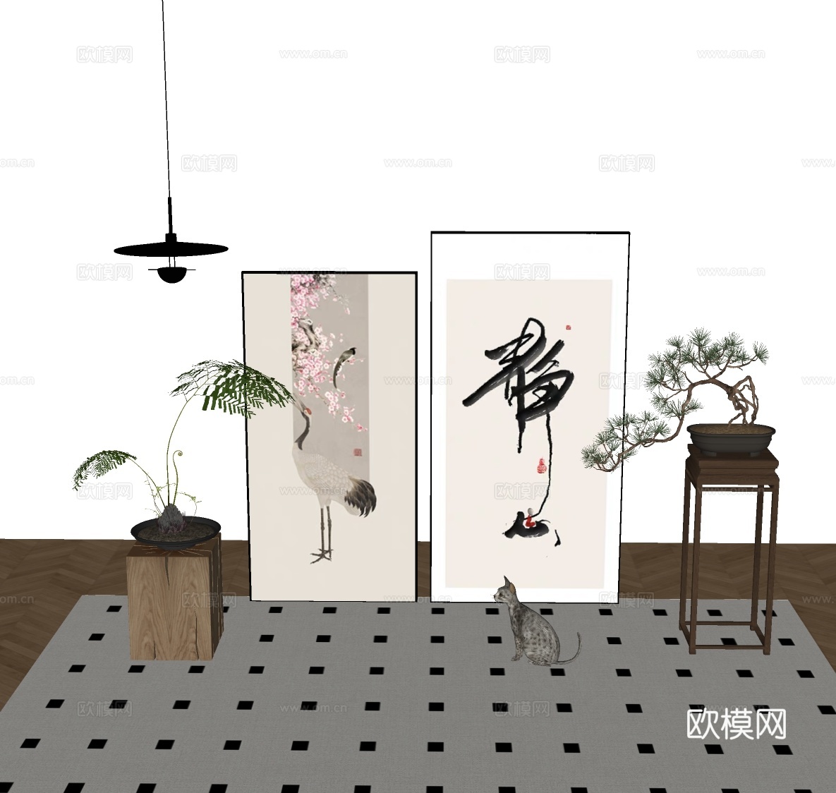 新中式禅意挂画 山水画 花鸟国画 书房挂画 办公室挂画 办公su模型