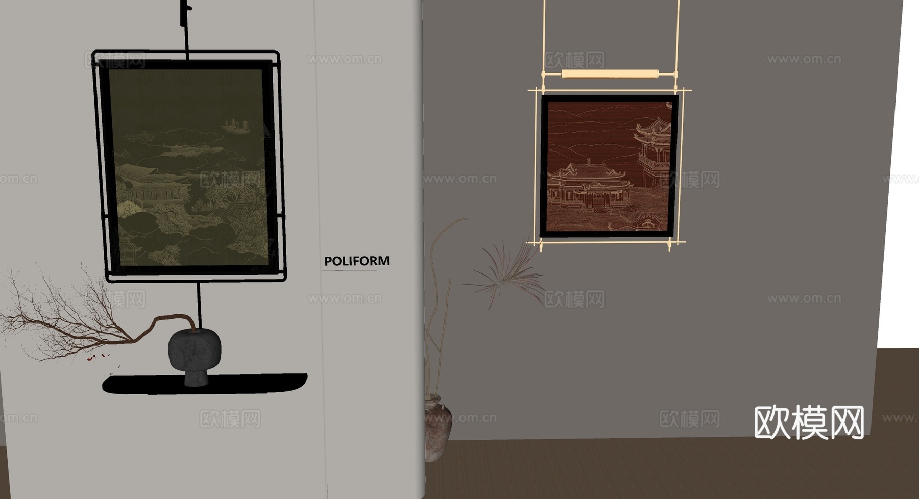 新中式禅意挂画 山水画 花鸟国画 书房挂画 办公室挂画 办公su模型