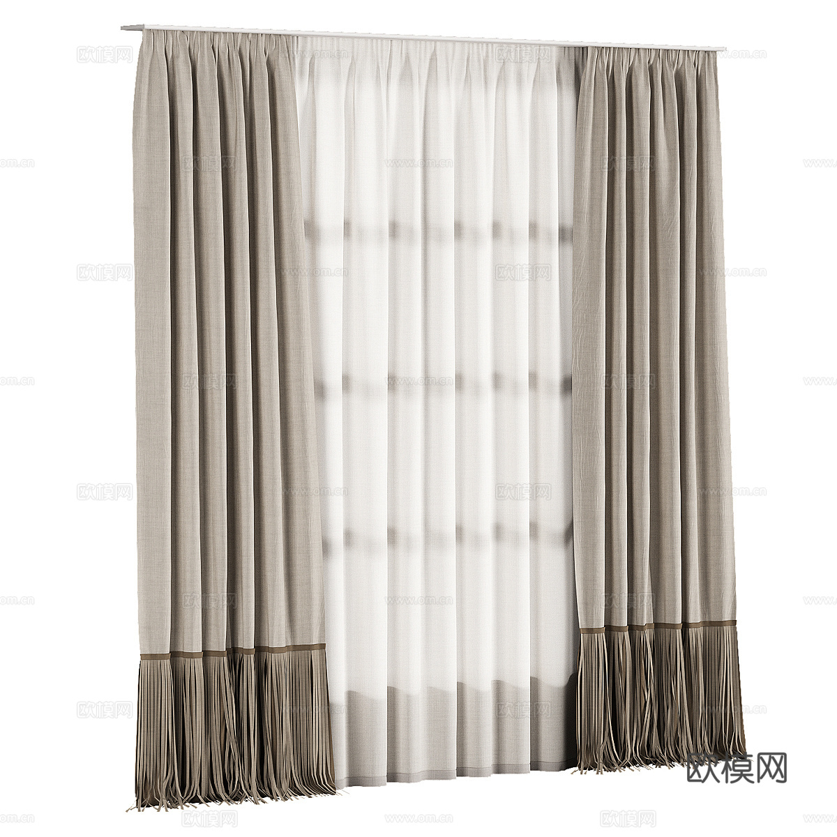 新中式布艺流苏窗帘3d模型下载（渲染图2）