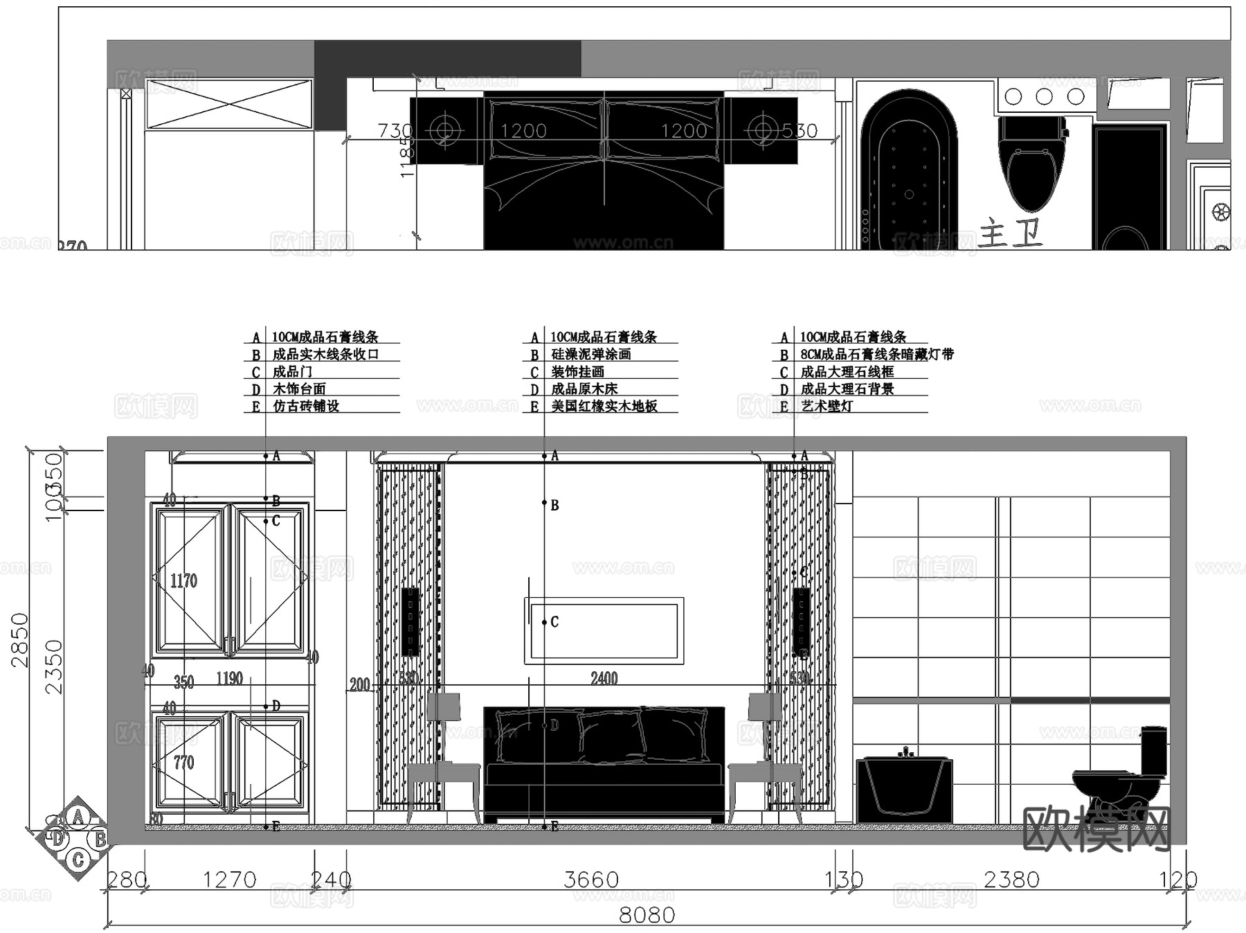 峙山庄园170#2302新中式三室两厅两卫室内家装CADcad施工图