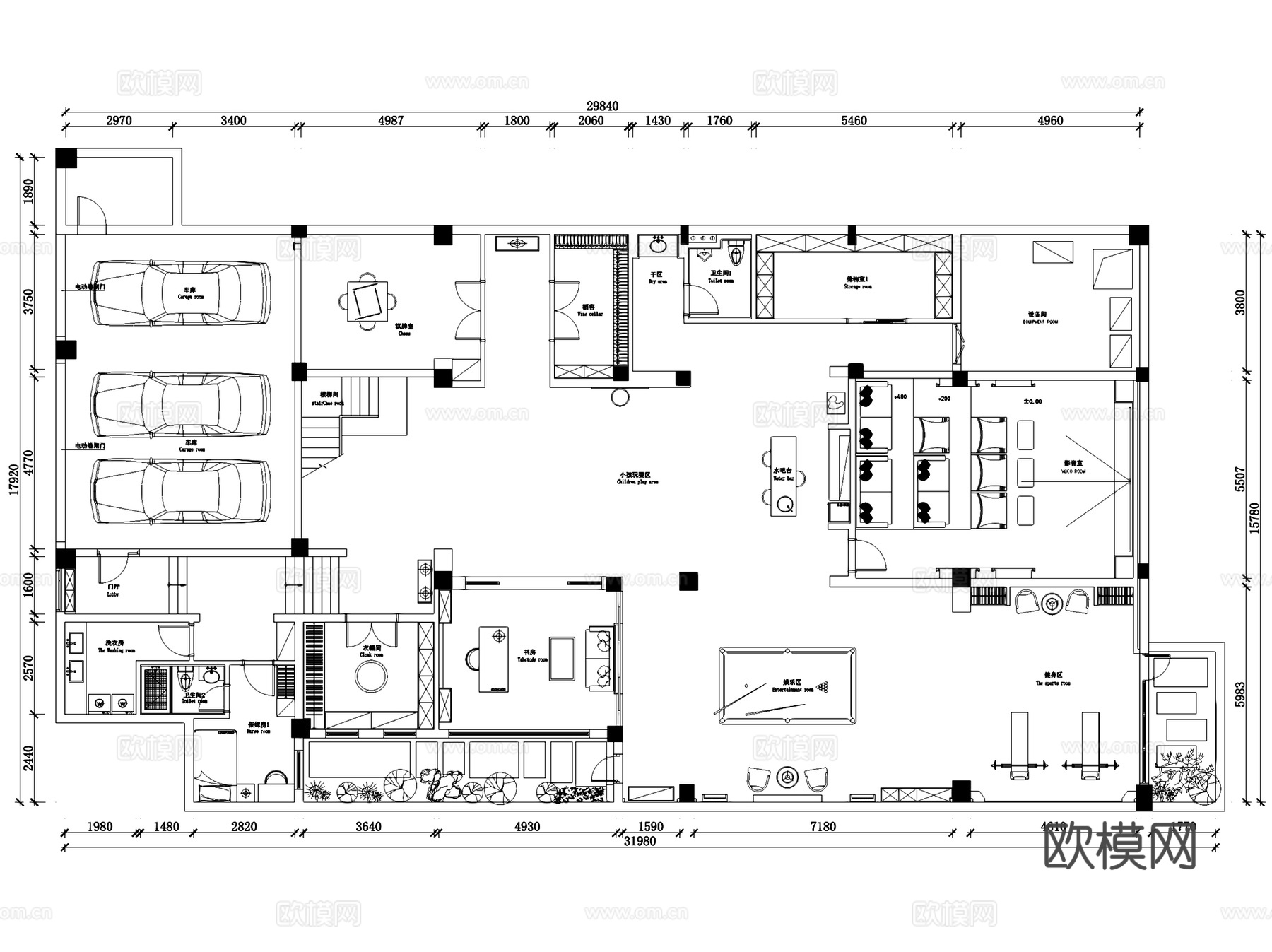 伍重院锦崇府6-7二层别墅室内家装CAD施工图3Dmax模型cad施工图