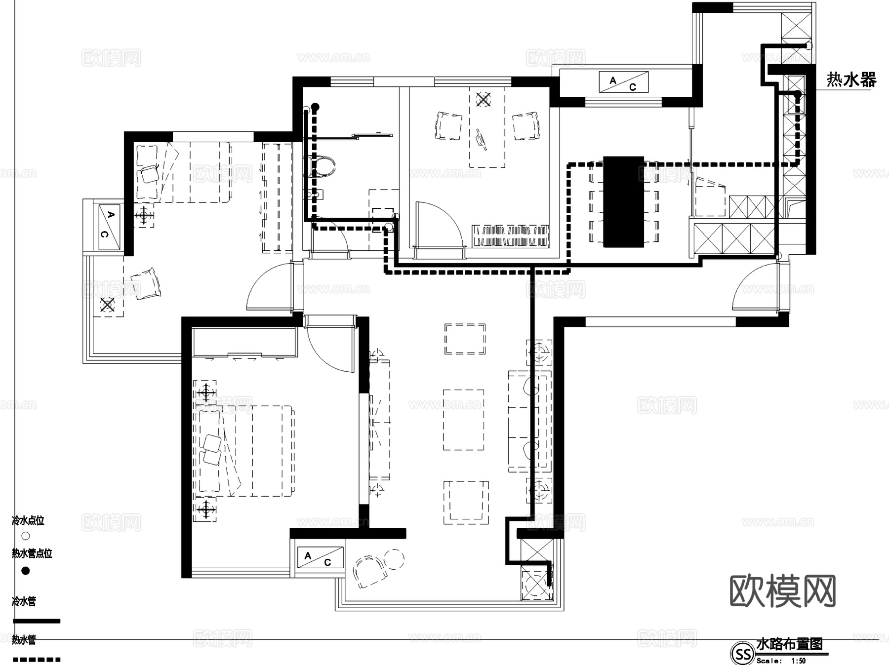 美式三室两厅一卫私宅室内家装平面系统图CAD施工图cad施工图