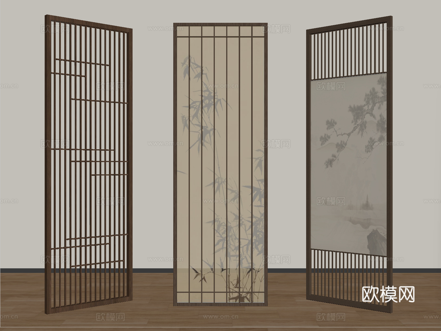 新中式屏风隔断 木屏风 格栅屏风su模型