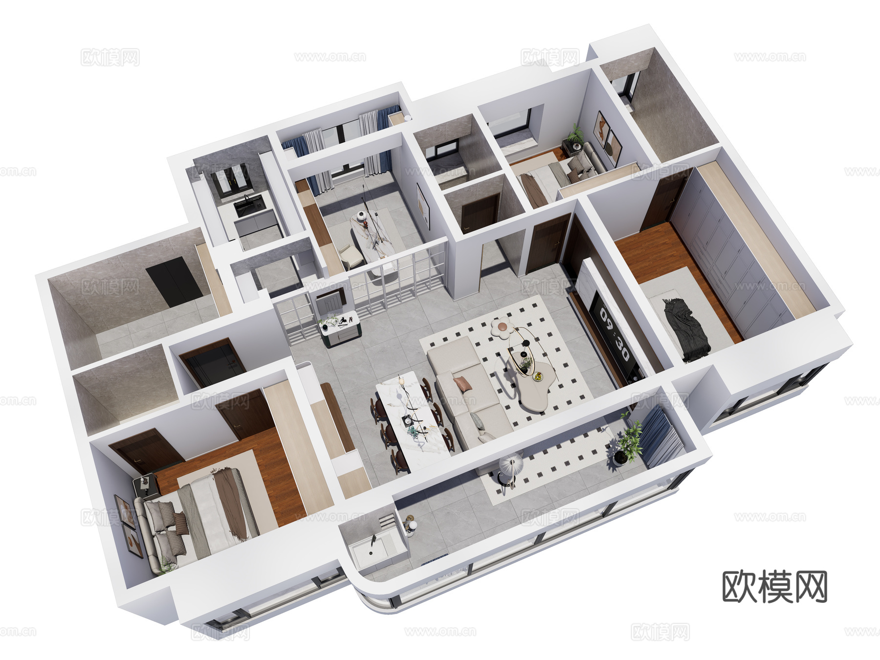现代简约家装鸟瞰 简约室内家装空间 鸟瞰图 现代家装样板房3d模型下载（渲染图3）