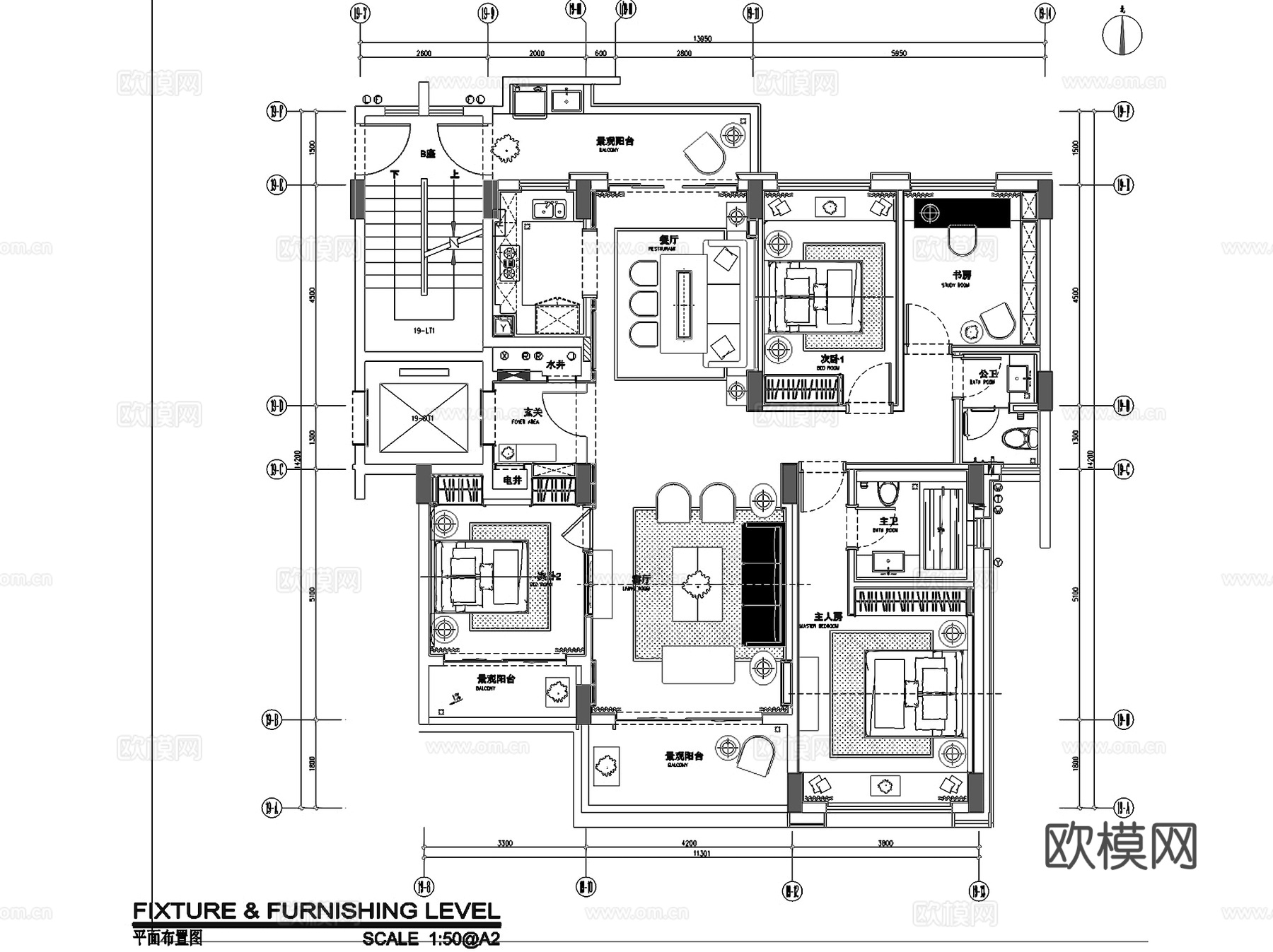 前海时代广场19#楼A户型四室两厅样板房室内家装CAD施工图cad施工图