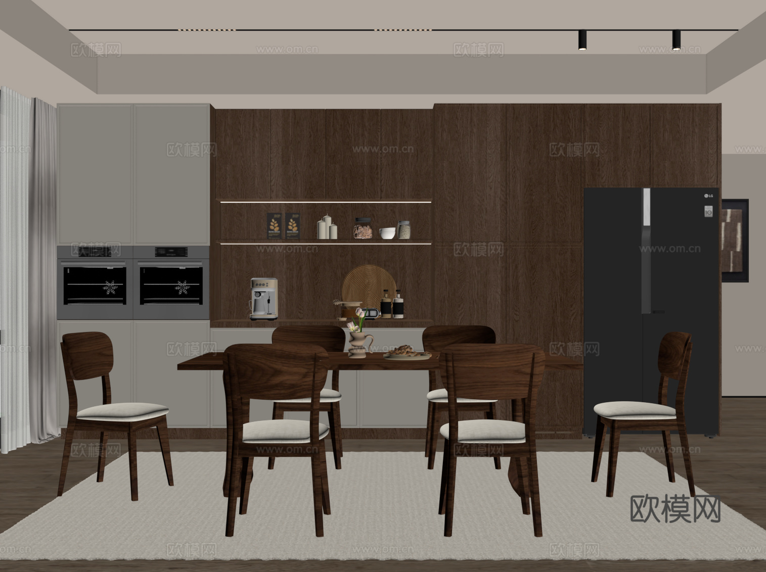 中古风餐厅 餐桌椅 餐边柜su模型