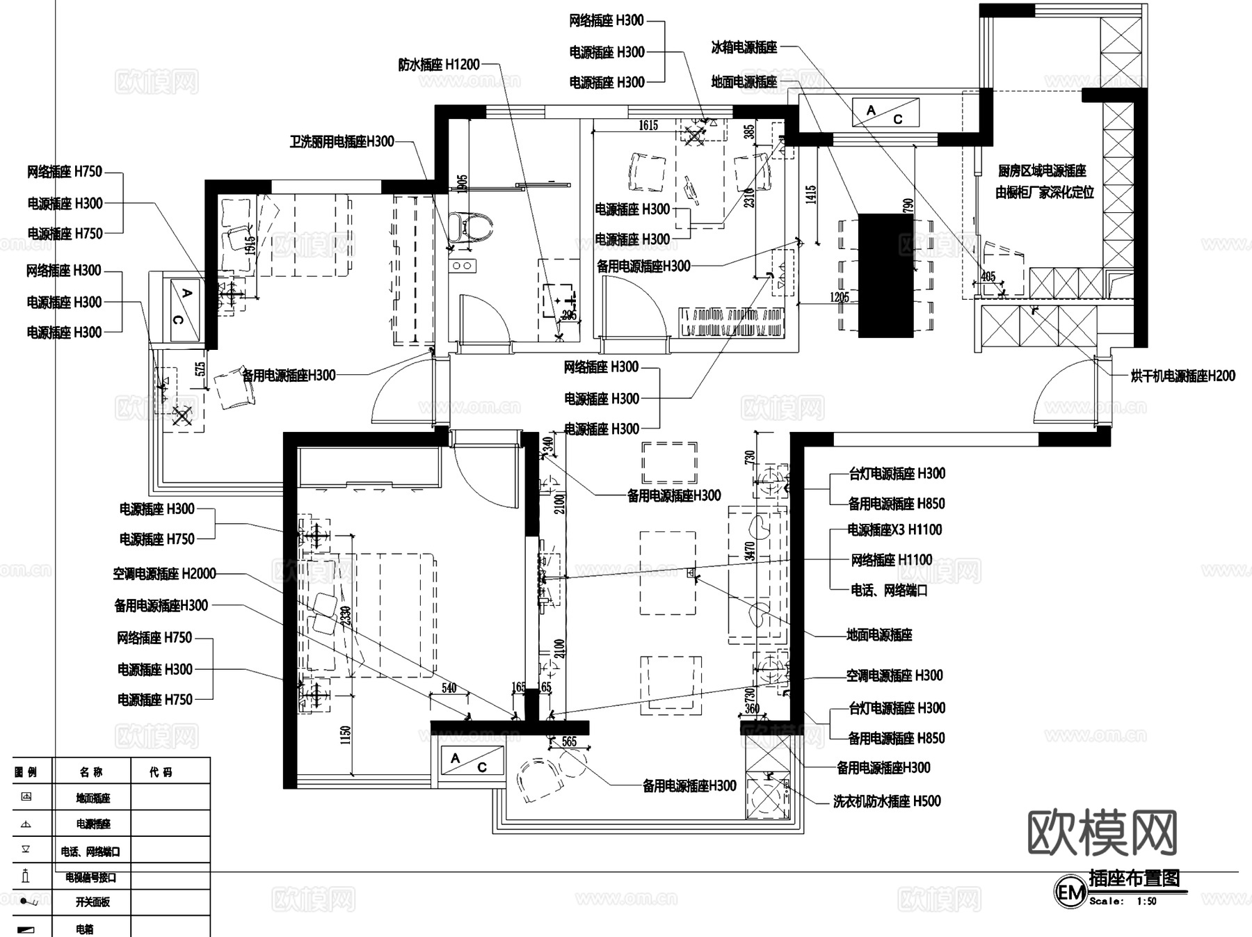 美式三室两厅一卫私宅室内家装平面系统图CAD施工图cad施工图