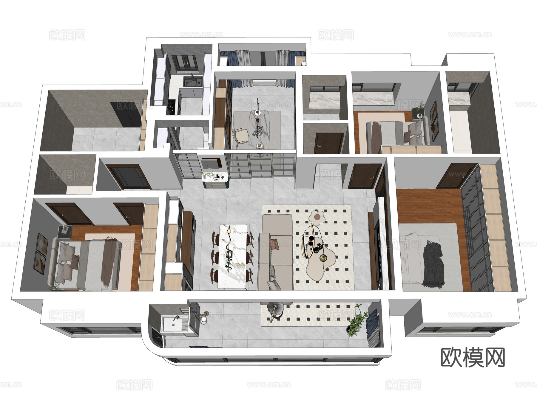 现代简约家装鸟瞰 简约室内家装空间 鸟瞰图 现代家装样板房3d模型下载（渲染图4）