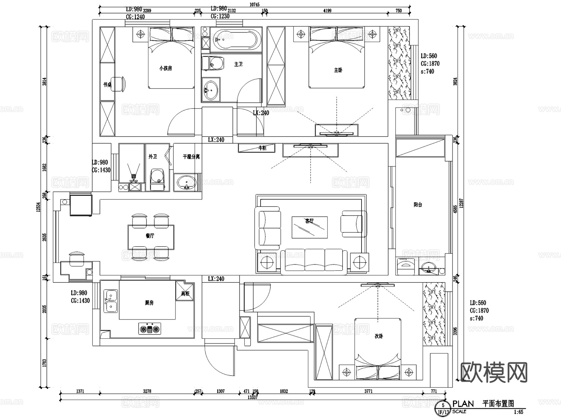 山湖壹号21-401三室两厅大平层室内家装CAD施工图cad施工图