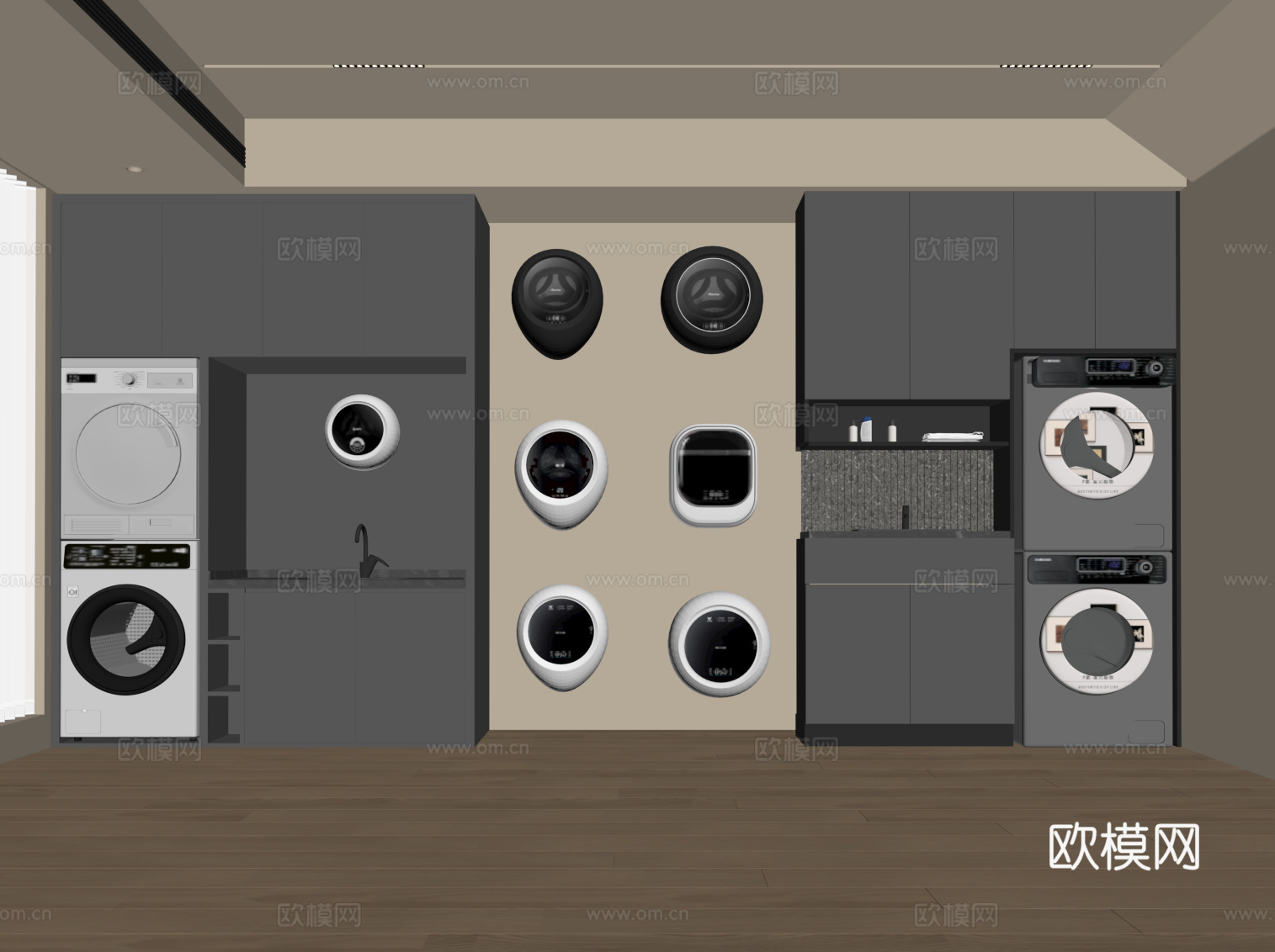 现代洗衣房 洗衣机柜 壁挂式洗衣机su模型