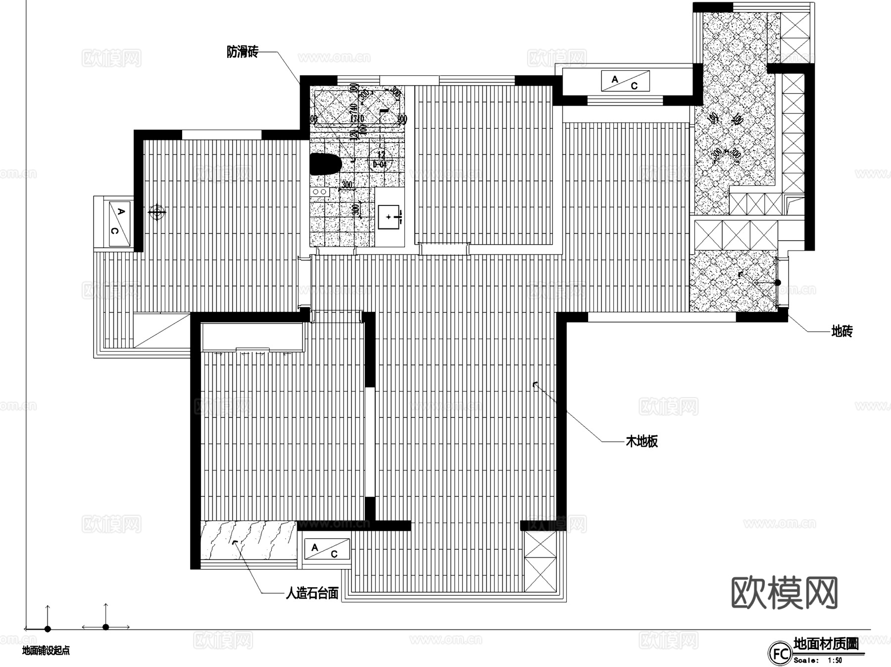 美式三室两厅一卫私宅室内家装平面系统图CAD施工图cad施工图
