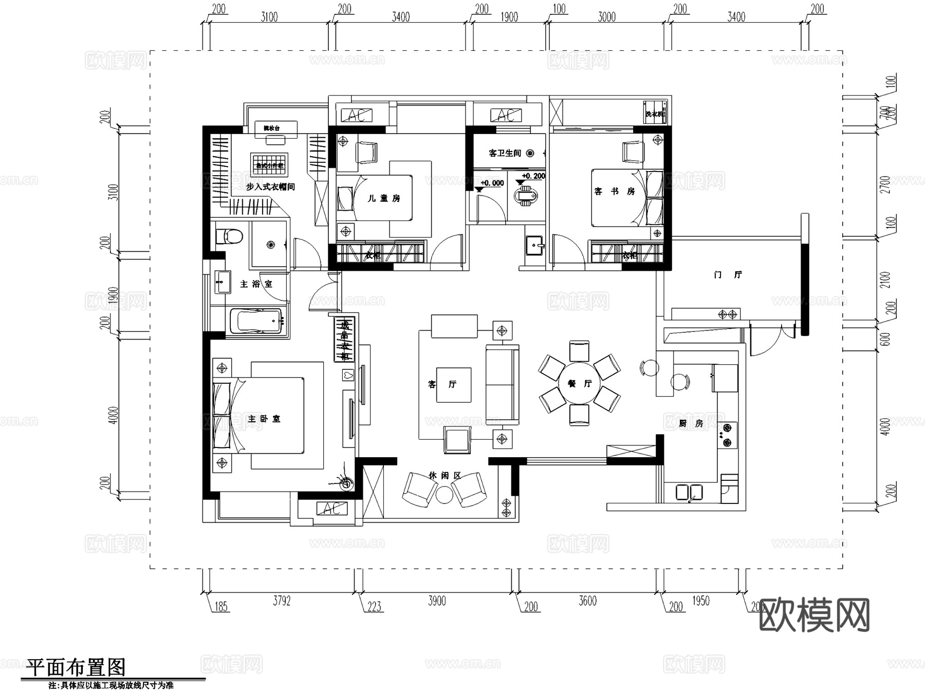 欧式三室两厅两卫私宅室内家装CAD施工图cad施工图