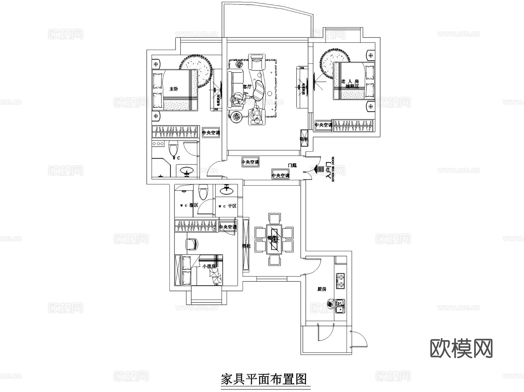 欧式三室两厅两卫室内家装CAD施工图+3Dmax模型cad施工图