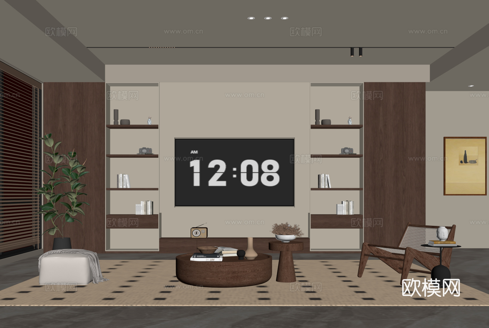 中古风客厅 电视背景墙 沙发茶几组合su模型