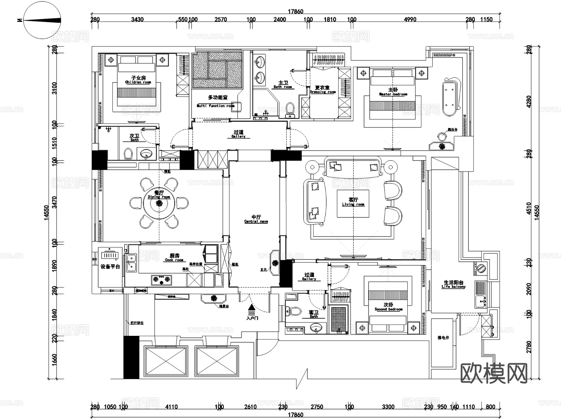 金色海岸9-1601美式四室两厅三卫室内家装CAD施工图cad施工图